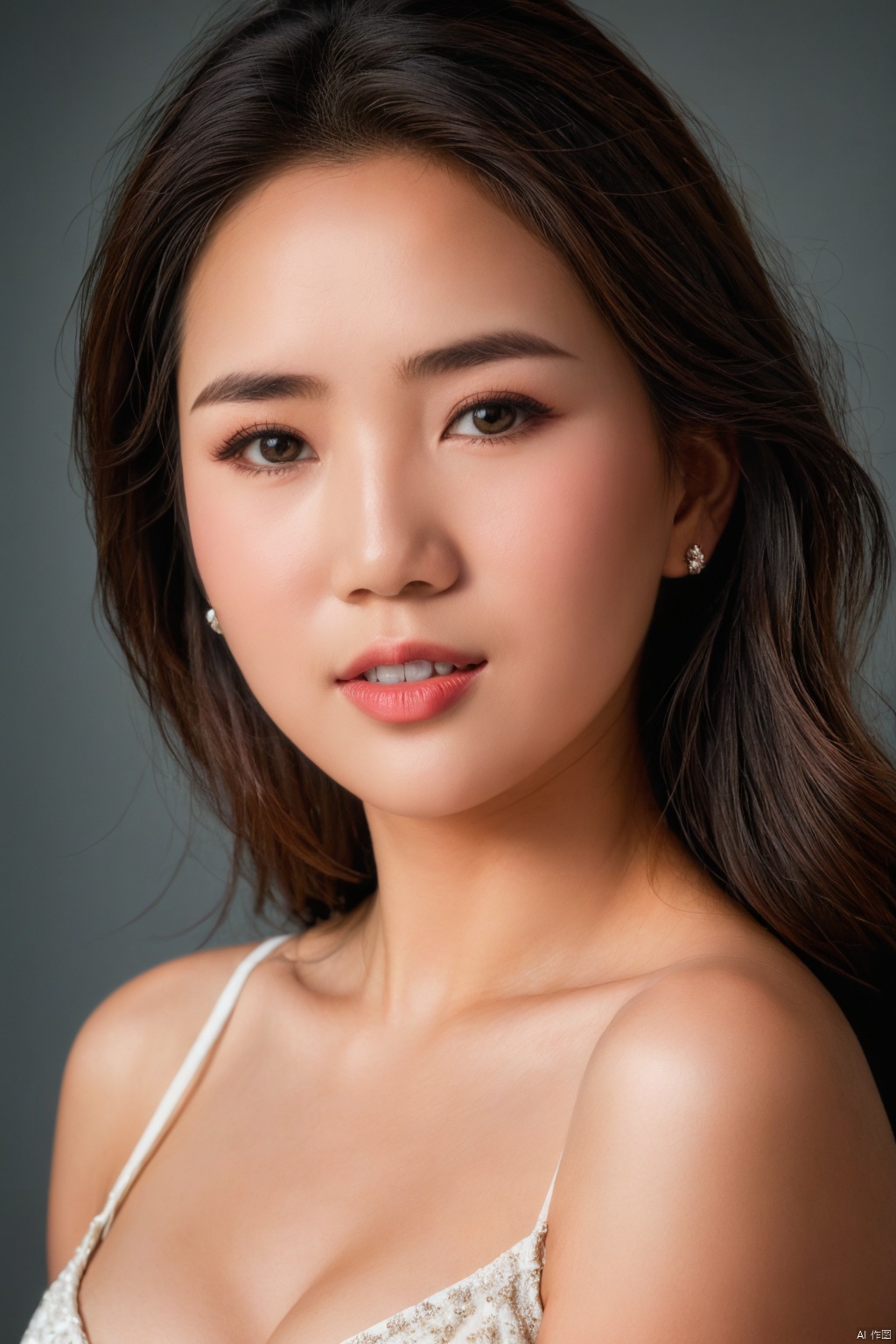 ( Fujicolor, UHD, super detail ,raw,85mm,f/1.2,FujifilmXT4,16K) , cleavage, breasts,1girl, earrings, solo, realistic, jewelry, piercing, teeth, upper_body, black hair, brown_eyes, looking_at_viewer, nose,sunying2.0
