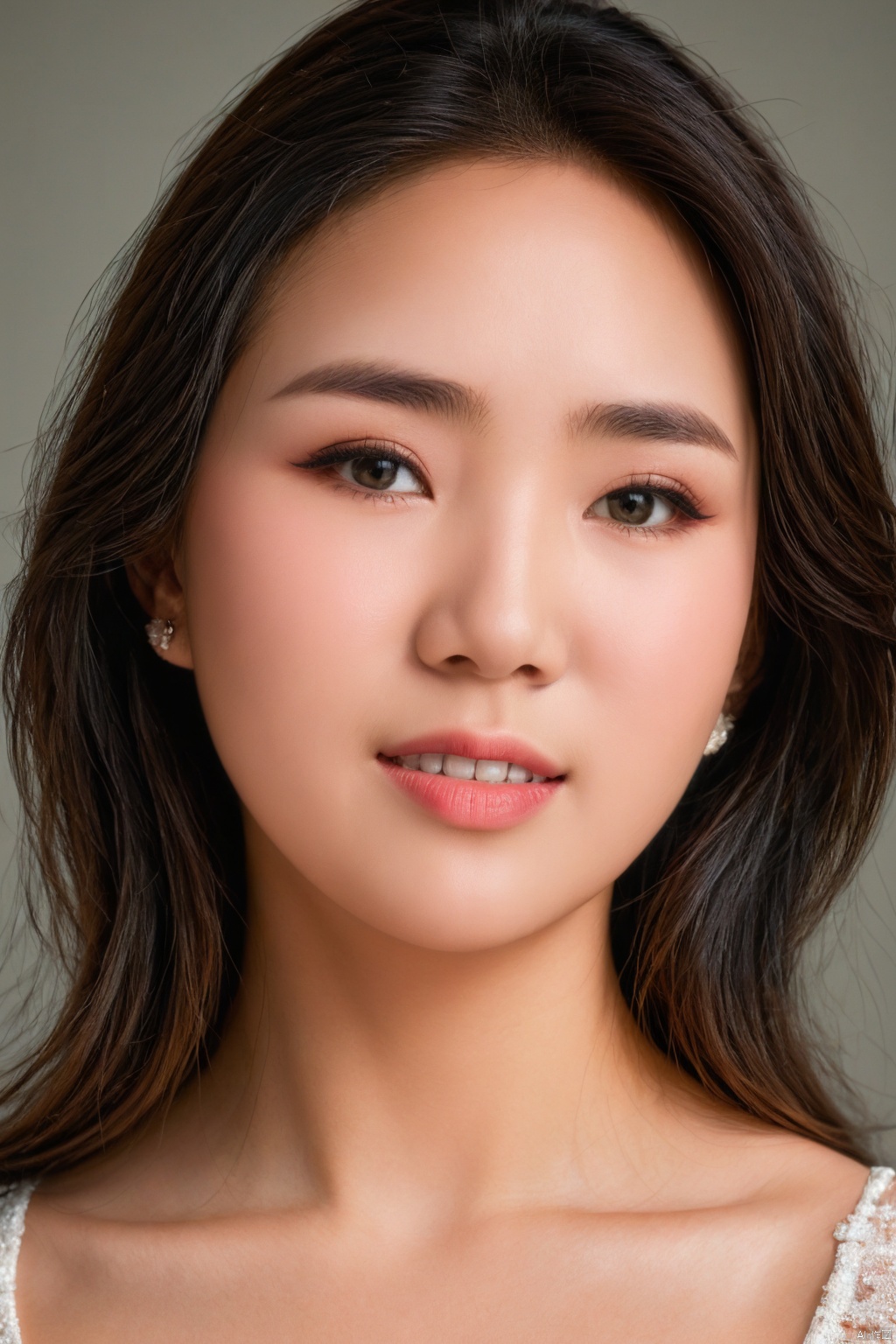 ( Fujicolor, UHD, super detail ,raw,85mm,f/1.2,FujifilmXT4,16K) , cleavage, breasts,1girl, earrings, solo, realistic, jewelry, piercing, teeth, upper_body, black hair, brown_eyes, looking_at_viewer, nose,sunying2.0
