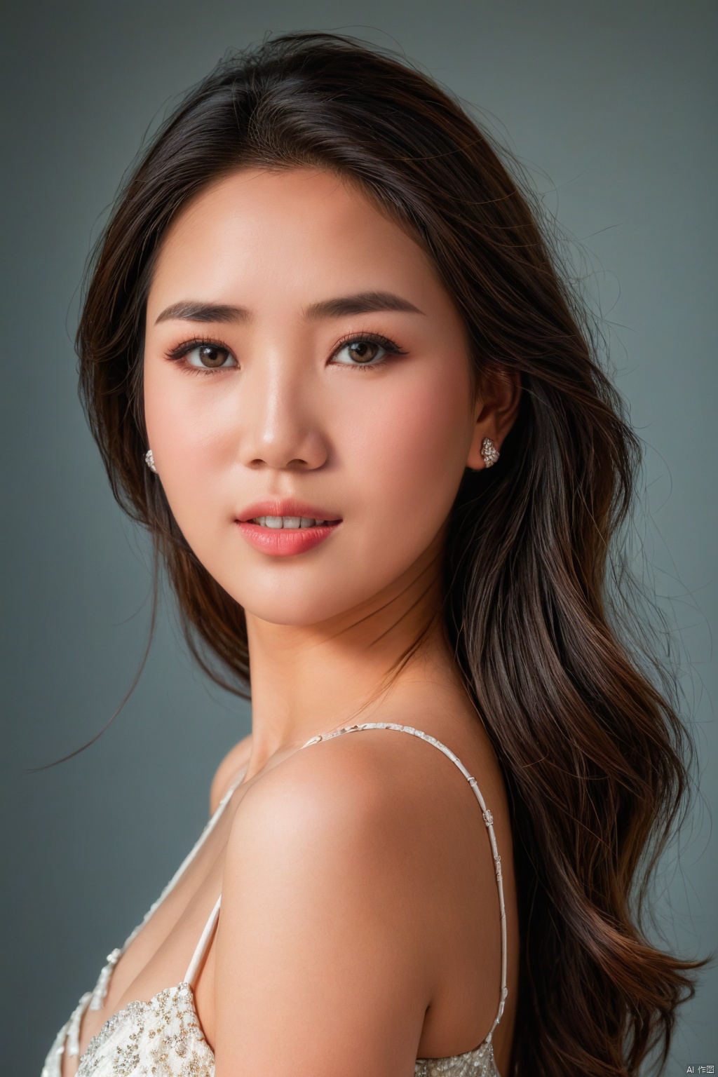 ( Fujicolor, UHD, super detail ,raw,85mm,f/1.2,FujifilmXT4,16K) , cleavage, breasts,1girl, earrings, solo, realistic, jewelry, piercing, teeth, upper_body, black hair, brown_eyes, looking_at_viewer, nose,sunying2.0
