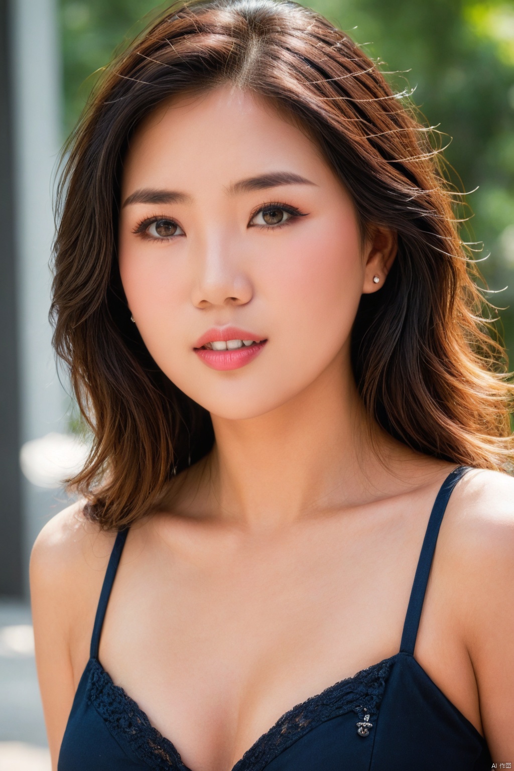 ( Fujicolor, UHD, super detail ,raw,85mm,f/1.2,FujifilmXT4,16K) , cleavage, breasts,1girl, earrings, solo, realistic, jewelry, piercing, teeth, upper_body, black hair, brown_eyes, looking_at_viewer, nose,sunying2.0
