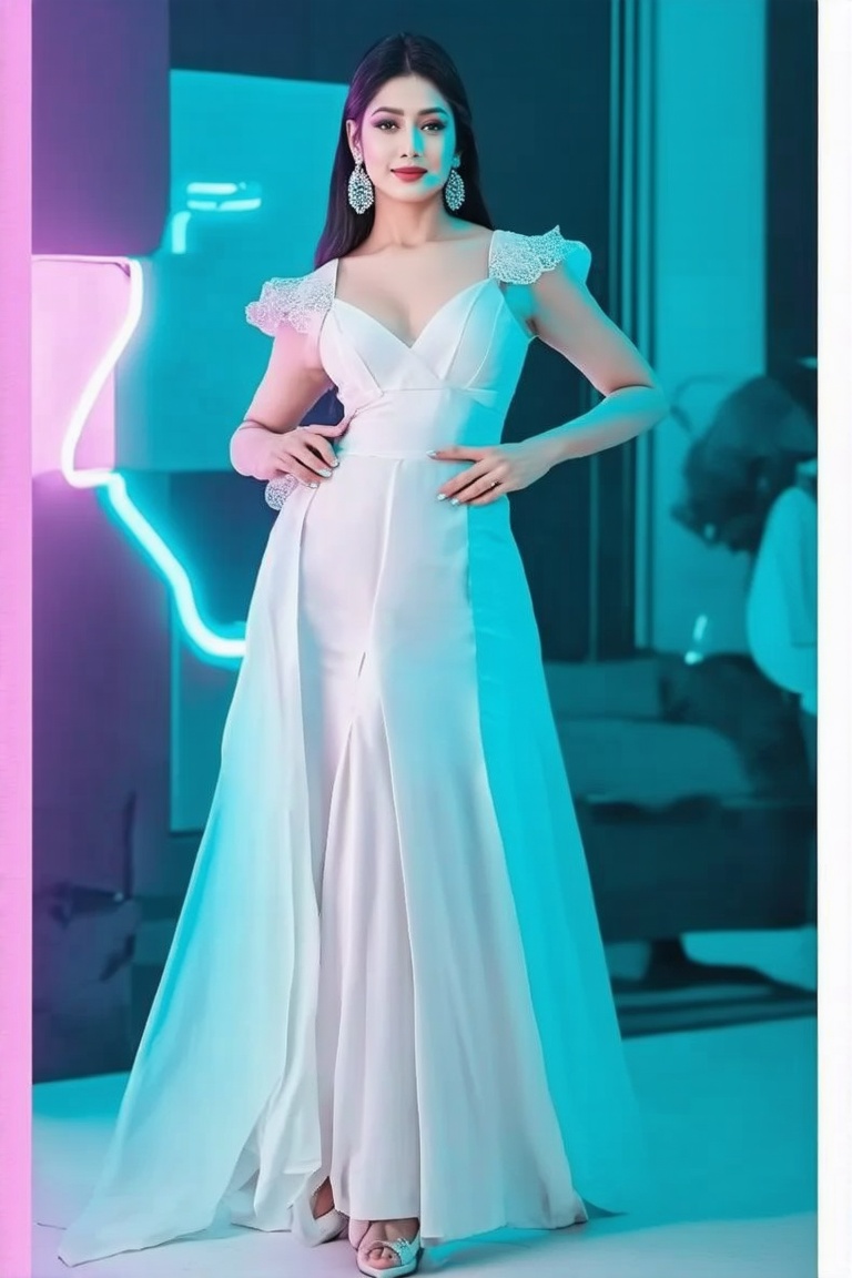 a Indian woman in futuristic dress is posing in front of a neon light,  in the style of realistic hyper-detailed rendering...