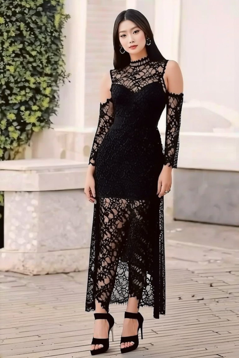 a stunning instagram model in black with open high heels,  open lace luxury dress,  in the style of multi-layered textures...