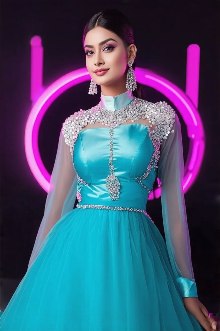 a Indian woman in futuristic dress is posing in front of a neon light,  in the style of realistic hyper-detailed rendering...