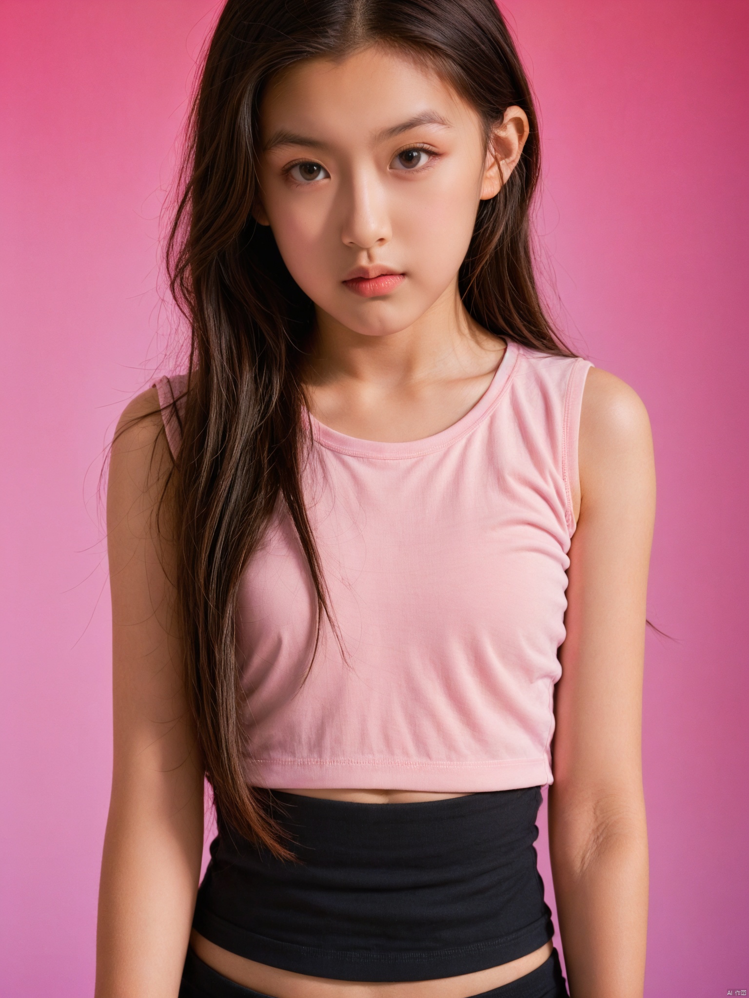 pink_background, 1girl, solo, long_hair, lips, realistic, gradient_background, gradient, crop_top, black_hair, upper_body, sleeveless, brown_eyes, shirt, looking_at_viewer, midriff