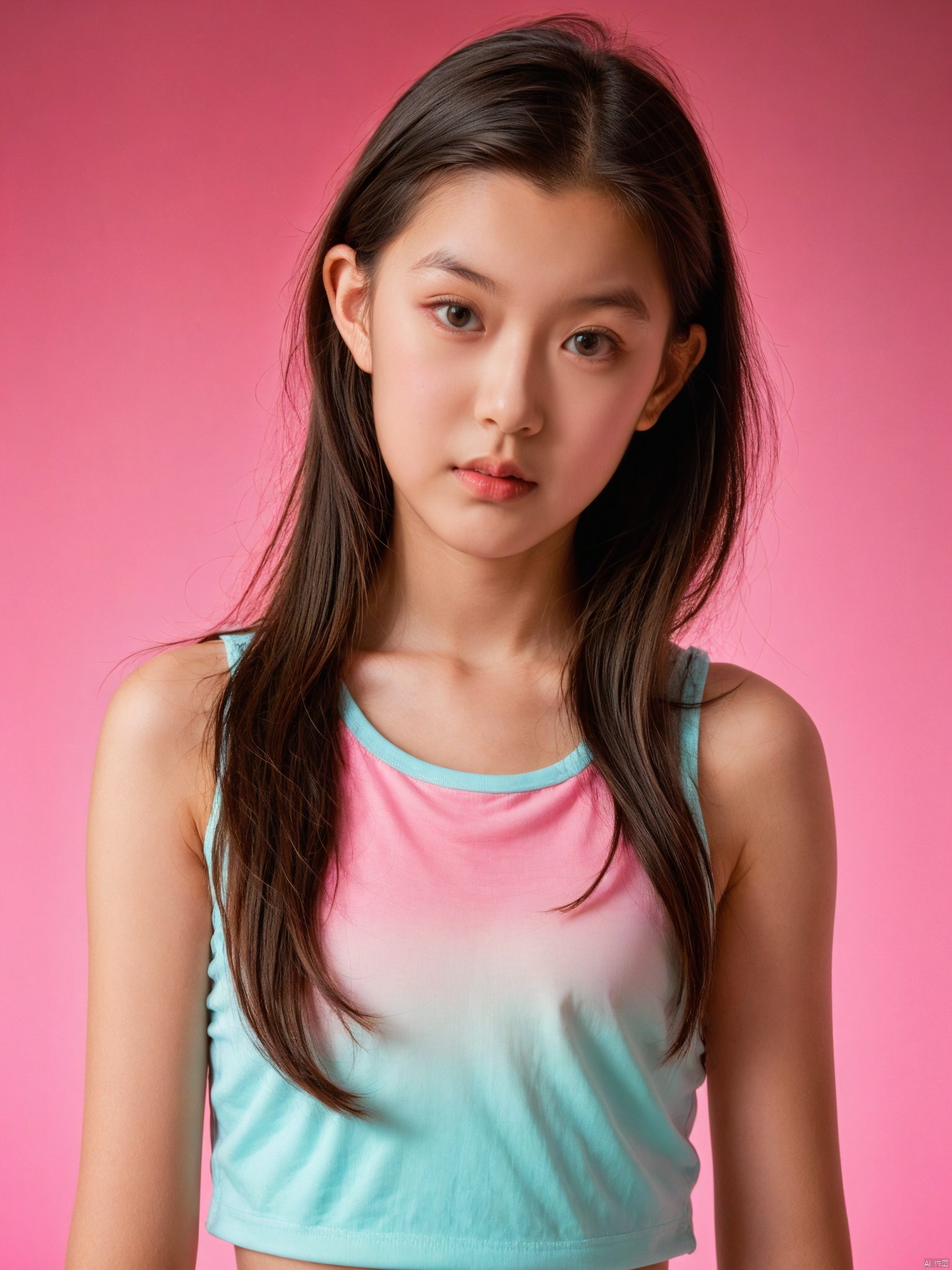 pink_background, 1girl, solo, long_hair, lips, realistic, gradient_background, gradient, crop_top, black_hair, upper_body, sleeveless, brown_eyes, shirt, looking_at_viewer, midriff