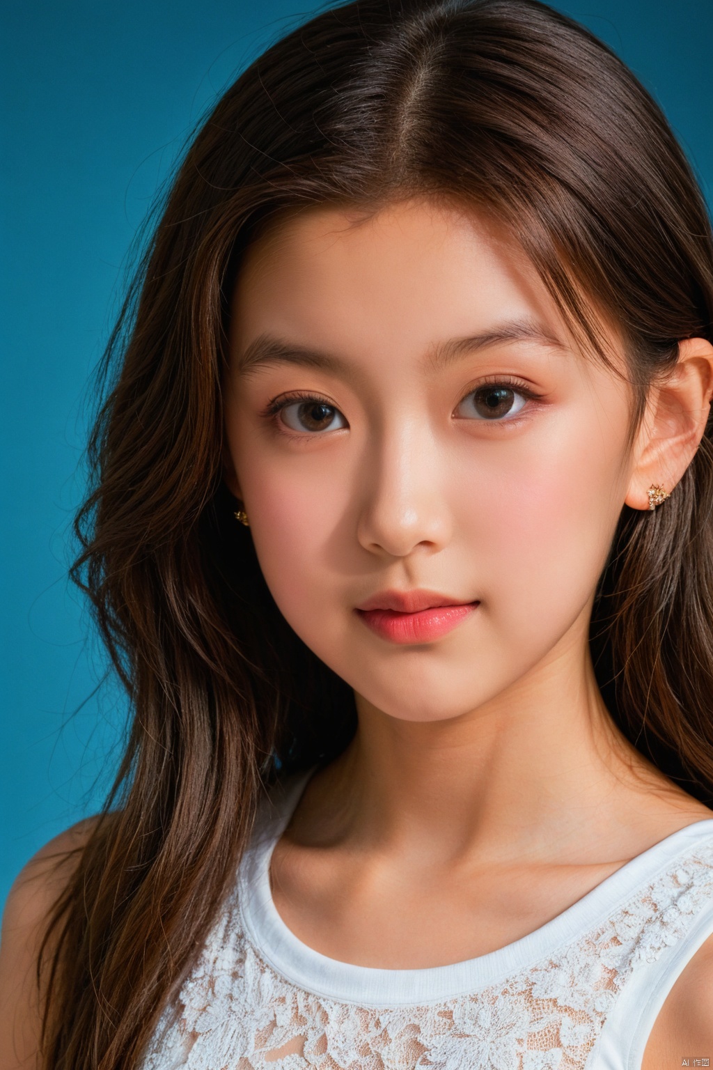 1girl, solo, looking at viewer, smile,  brown hair,  brown eyes, jewelry, closed mouth, upper body, earrings, lips, blue background, portrait, realistic, nose, jiaxin