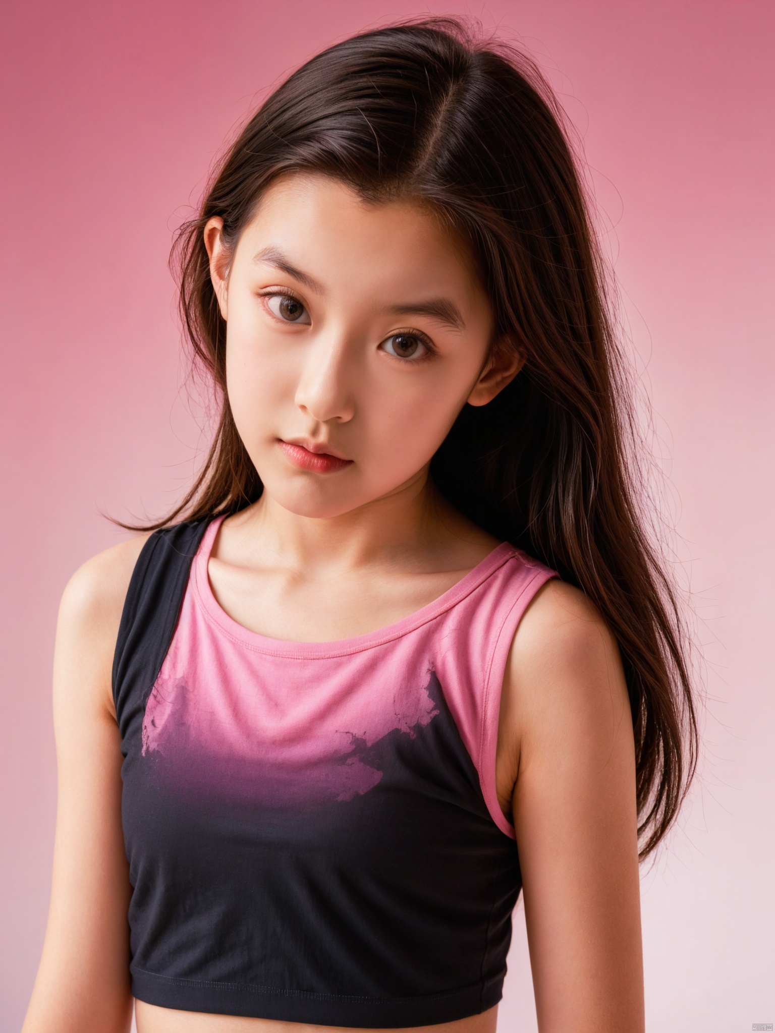 pink_background, 1girl, solo, long_hair, lips, realistic, gradient_background, gradient, crop_top, black_hair, upper_body, sleeveless, brown_eyes, shirt, looking_at_viewer, midriff