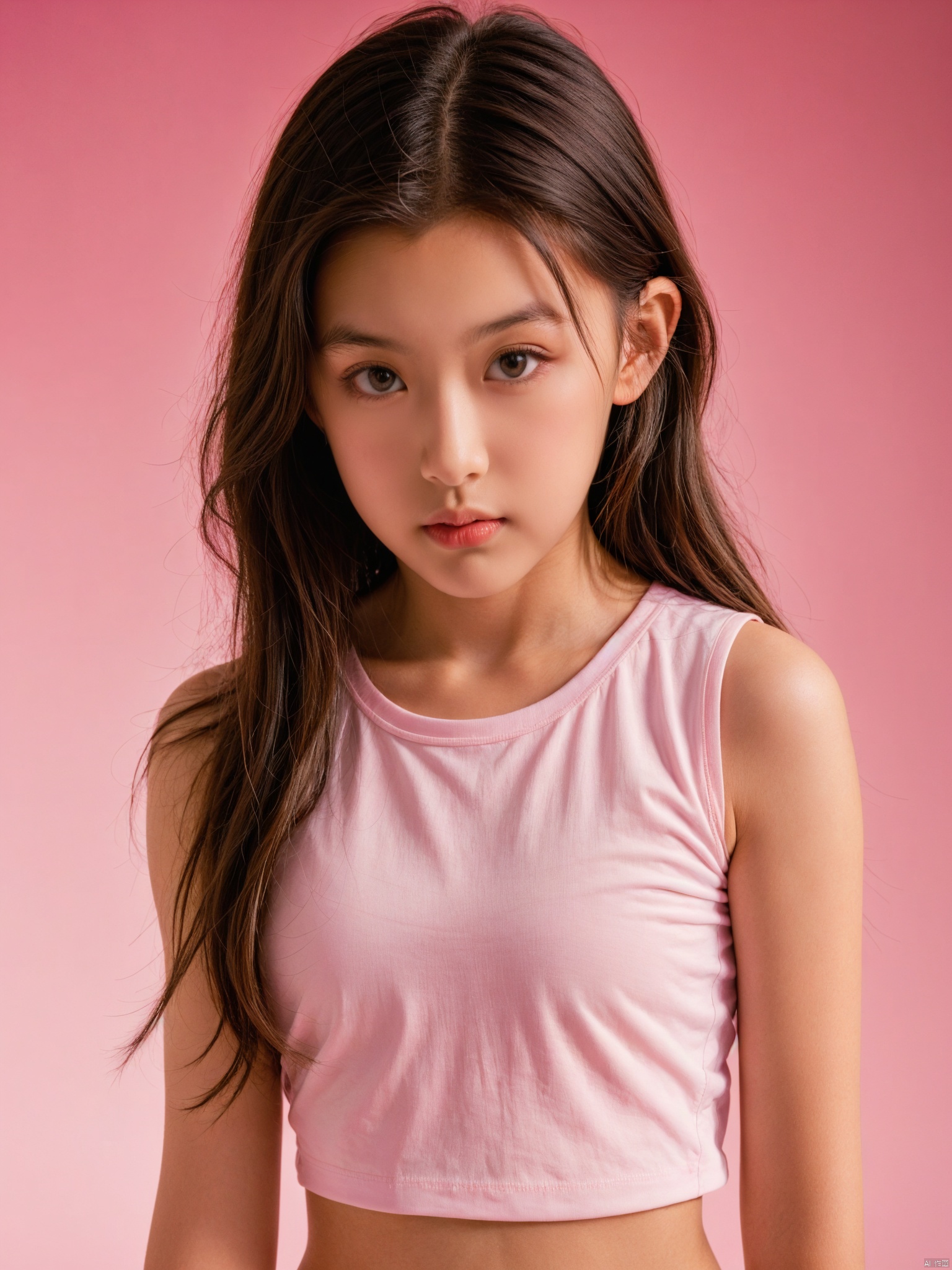 pink_background, 1girl, solo, long_hair, lips, realistic, gradient_background, gradient, crop_top, black_hair, upper_body, sleeveless, brown_eyes, shirt, looking_at_viewer, midriff