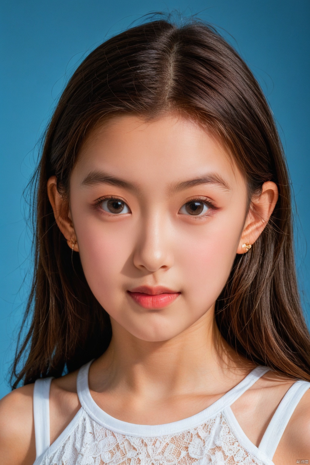 1girl, solo, looking at viewer, smile,  brown hair,  brown eyes, jewelry, closed mouth, upper body, earrings, lips, blue background, portrait, realistic, nose, jiaxin
