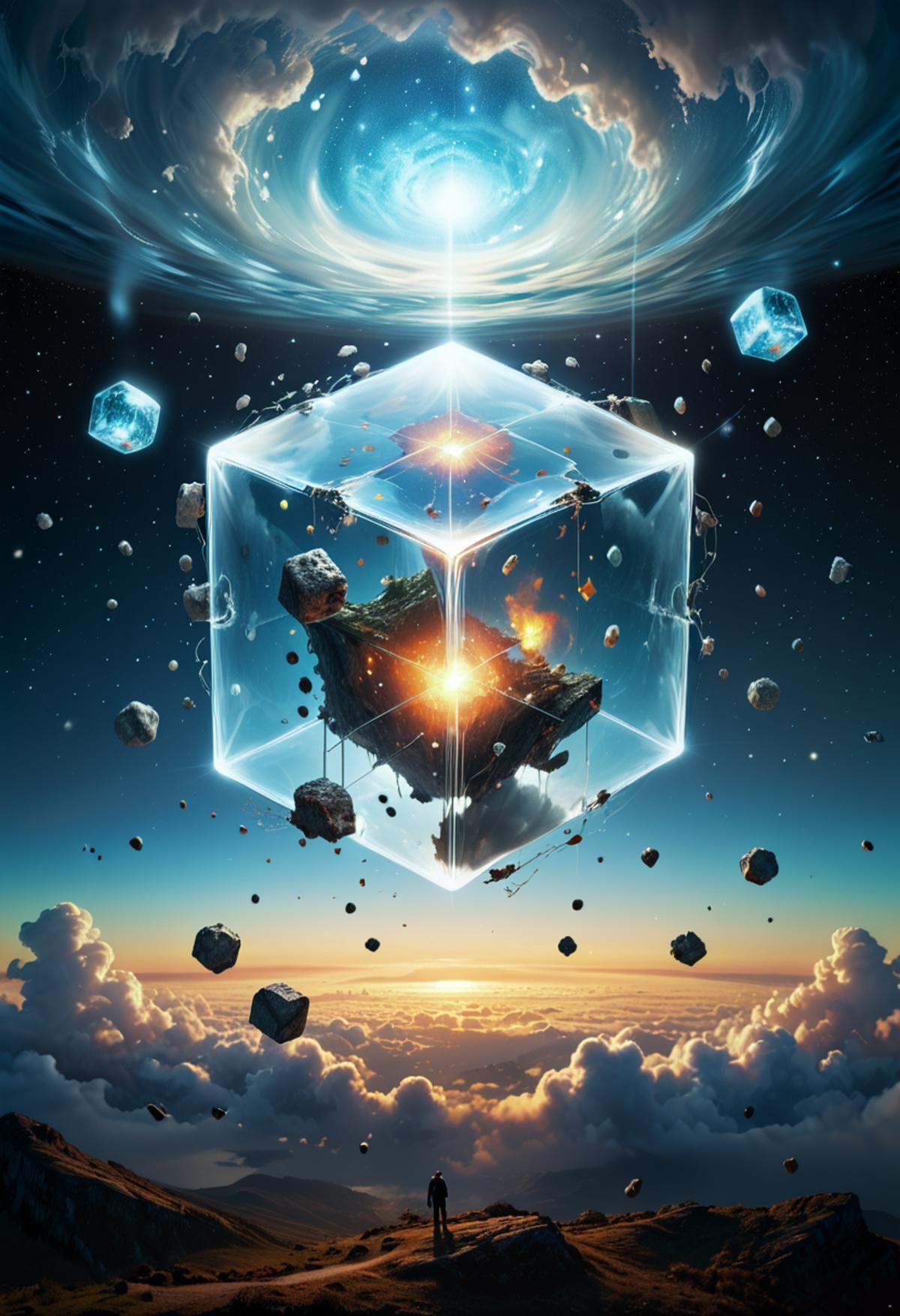 Bosch-style,  a translucent cube traps eerie clouds,  the starsscape warps on Tensor.Art