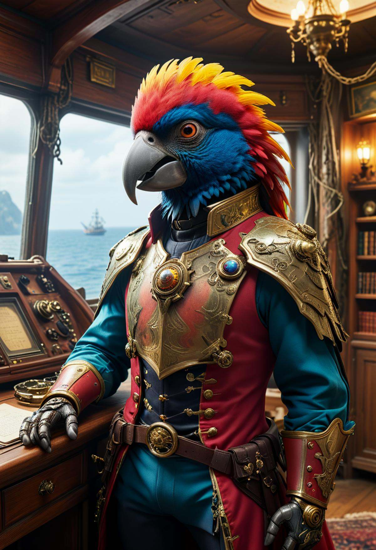 Craft an epic,  cinematic scene blending (Human | Parrot) characteristics into one magnificent hybrid Cyborg entity,  stan...
