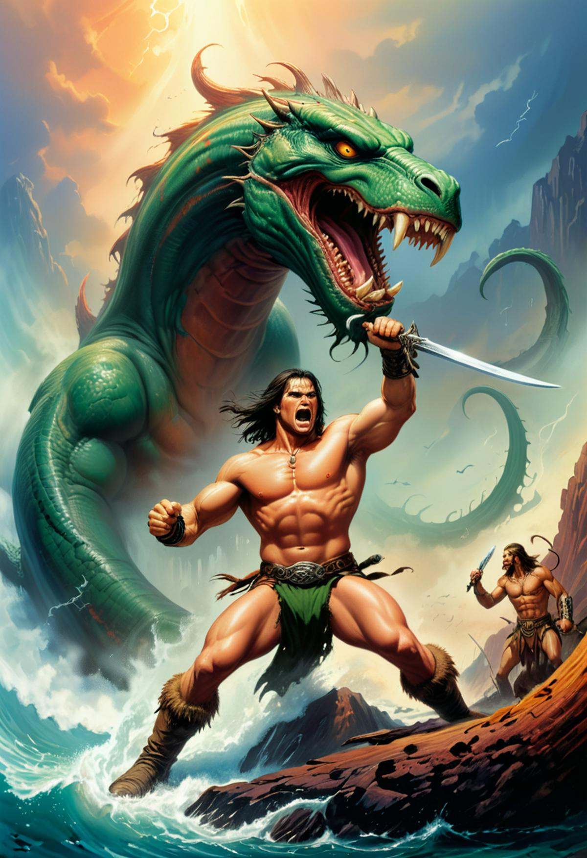 conan the barbarian attacks a large angry serpent,  sword and sorcery,  bb book cover on Tensor.Art