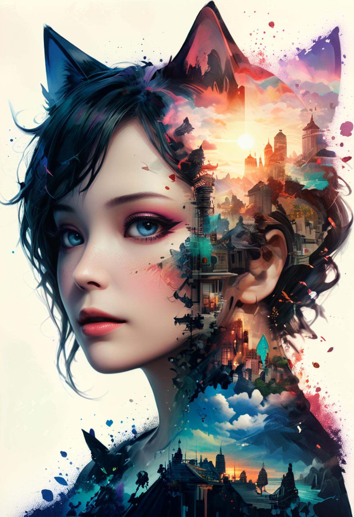 no scars to your beautiful kitten" double exposure collage art illustration,  silhouette art,  fantasy on Tensor.Art
