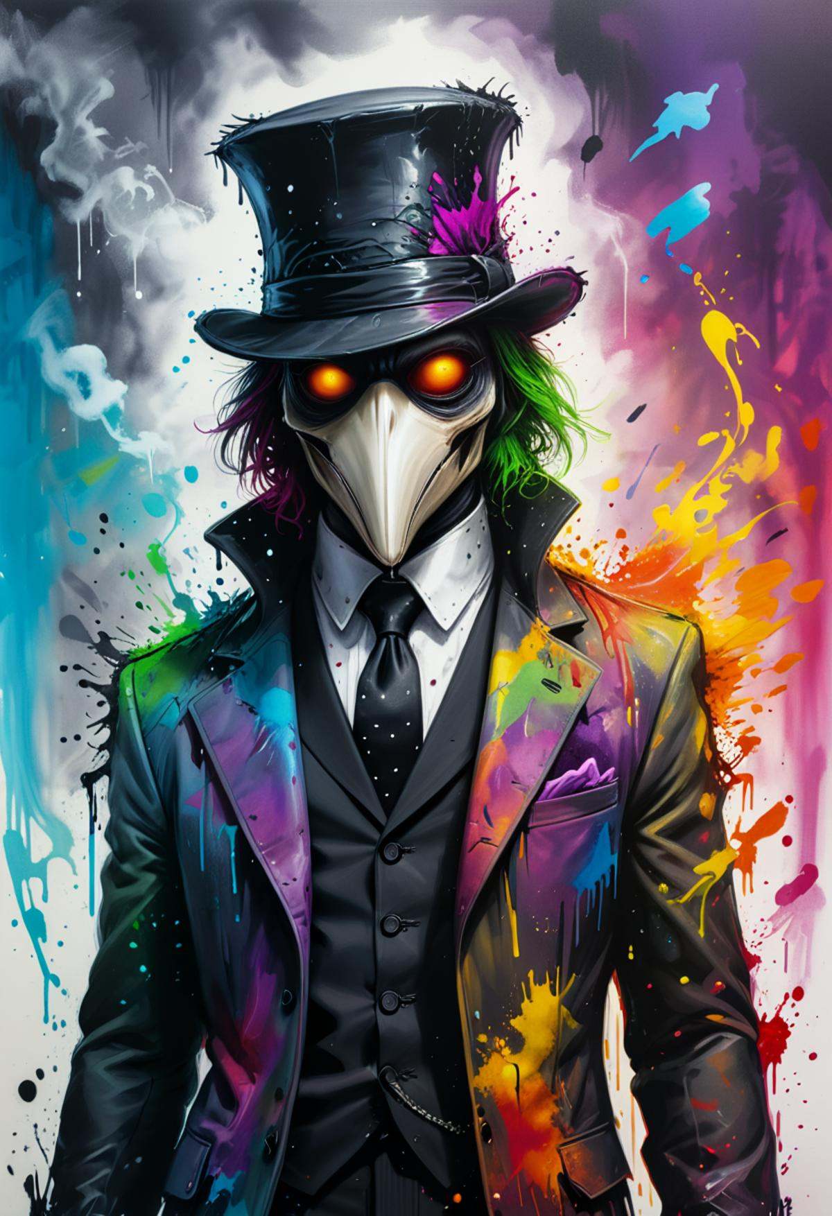 Plague Doctor dressed in a muti-colored flannel tuxedo,  top hat,  surrounded by bubbling on Tensor.Art