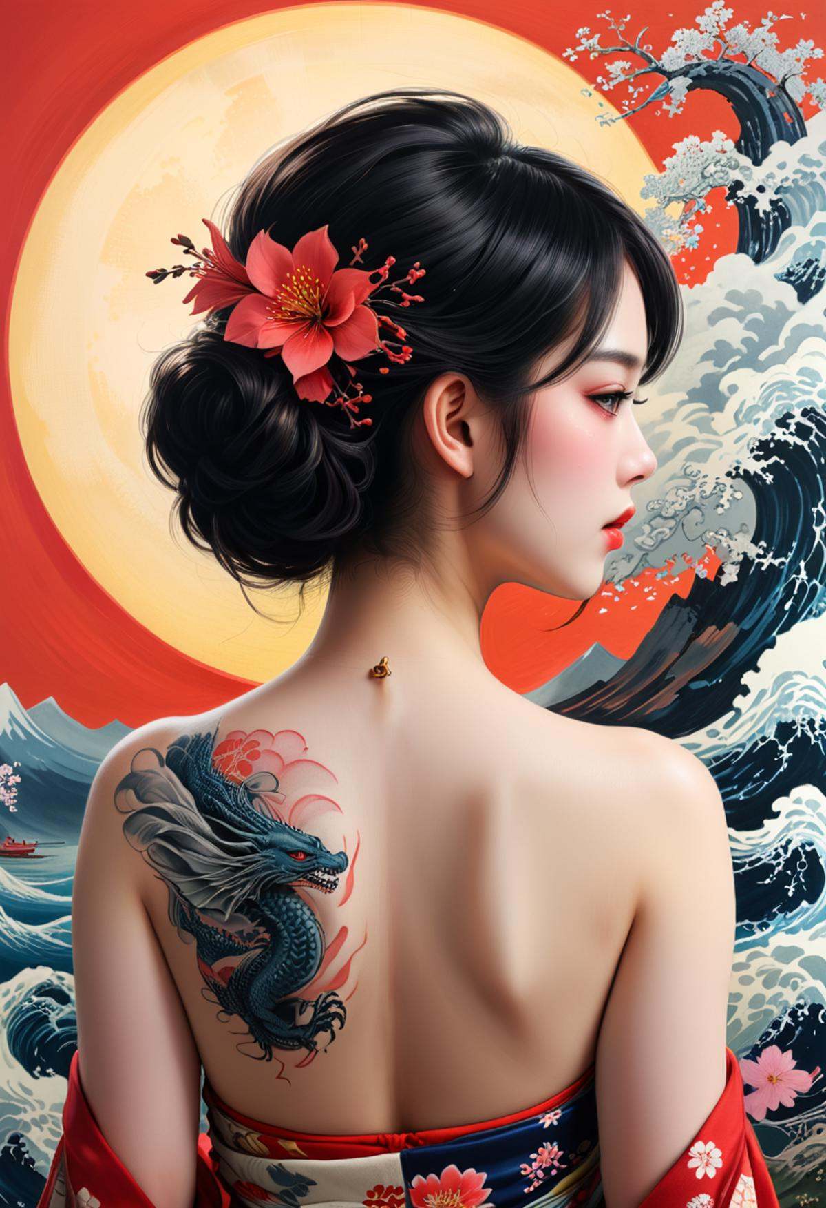Super detailed masterpiece 8k,  girl,  (beautiful face)++ A girl shows off her entire back with superb Japanese ukiyo-e ta...