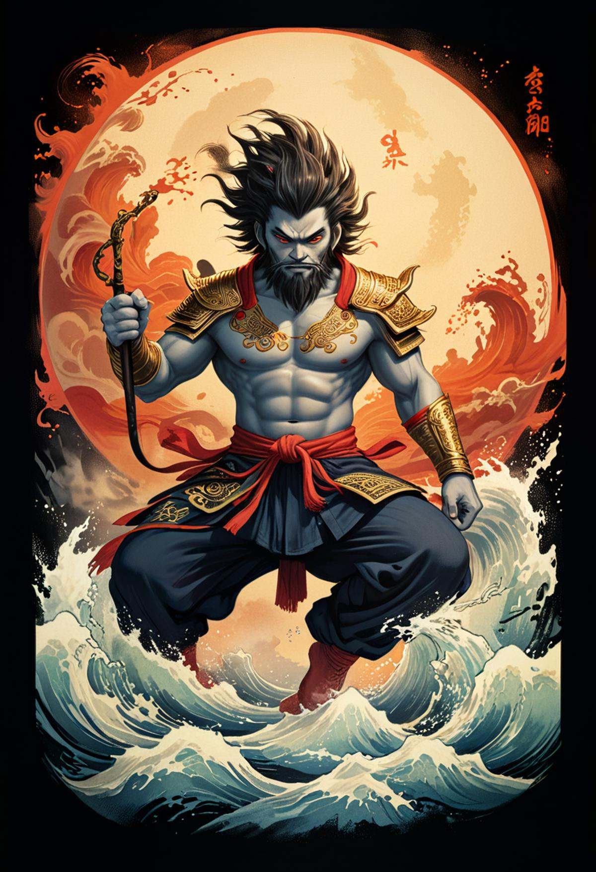 T-shirt monochrome vector illustration: depicting Chinese mythology Sun Wukong,  Vajra Rod,  blending Japanese calligraphy...