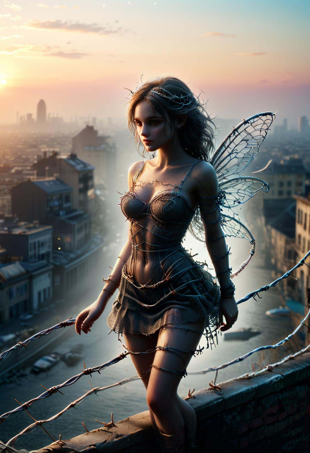 ral-barbwire,  In the waning light of day,  a solitary fairy-like figure is enshrouded in barbed wire on Tensor.Art