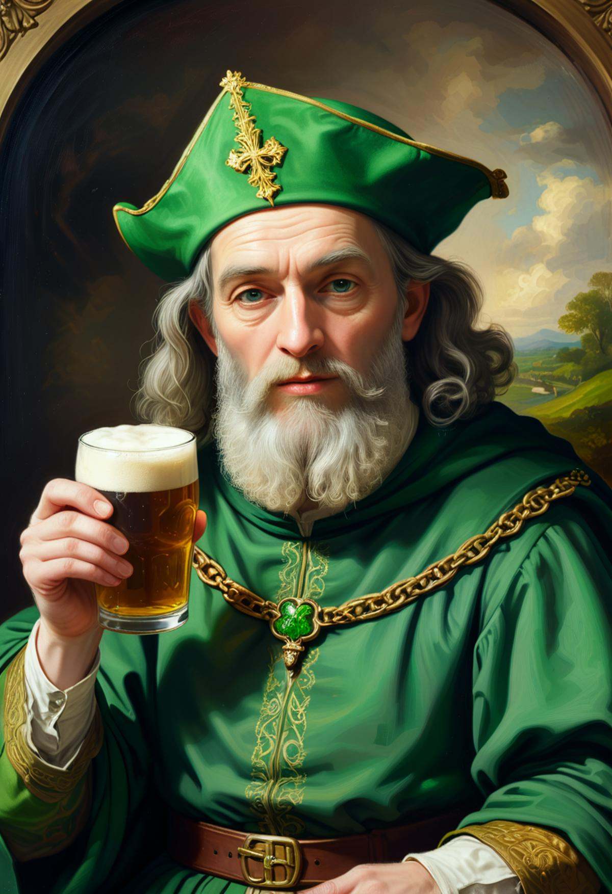 Patron saint of Ireland. Wearing green,  saint patrick. Painting,  portrait on Tensor.Art