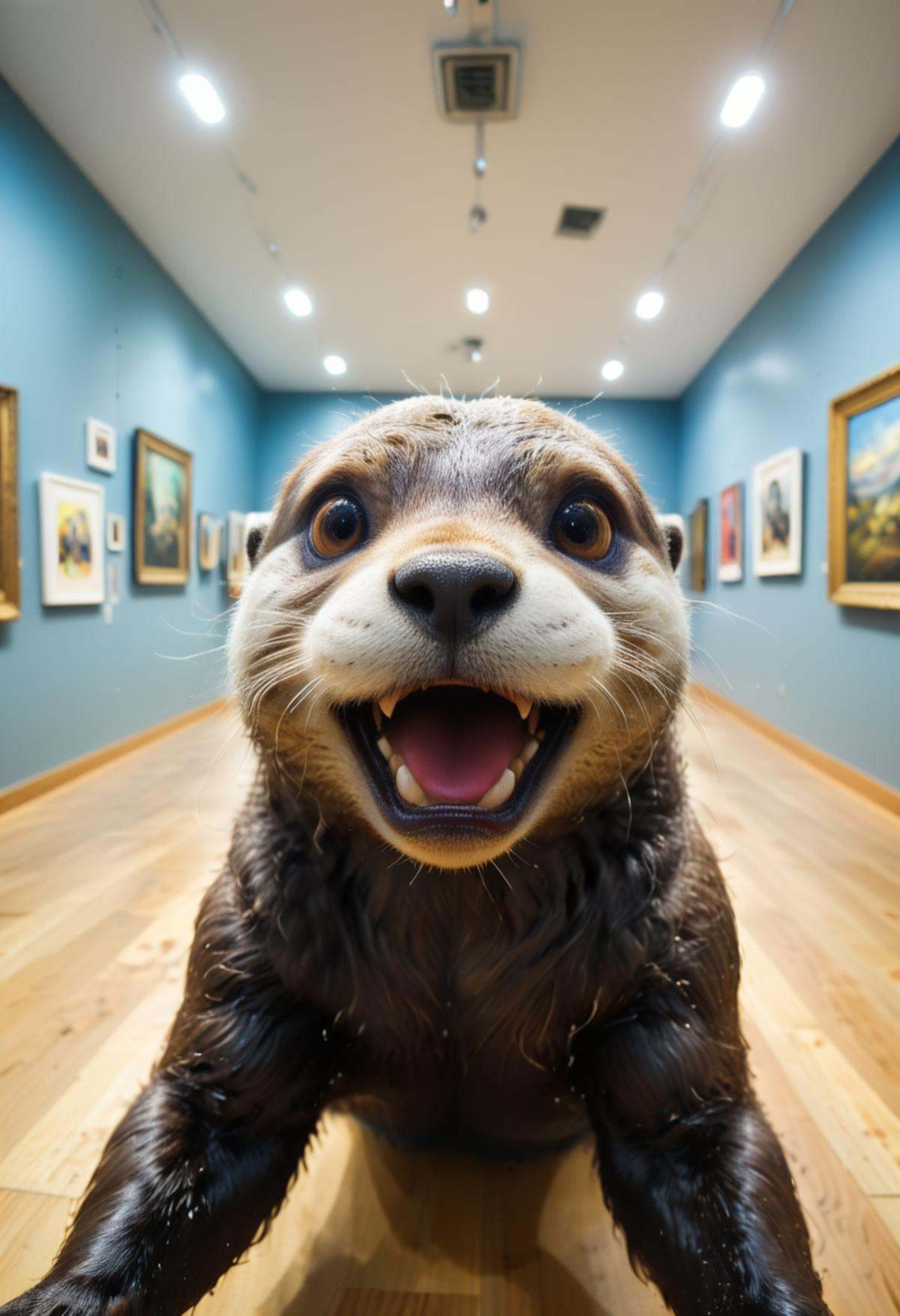 a otter takes a selfie in time-bending art gallery,  in the style of fisheye effects,  funny mood on Tensor.Art