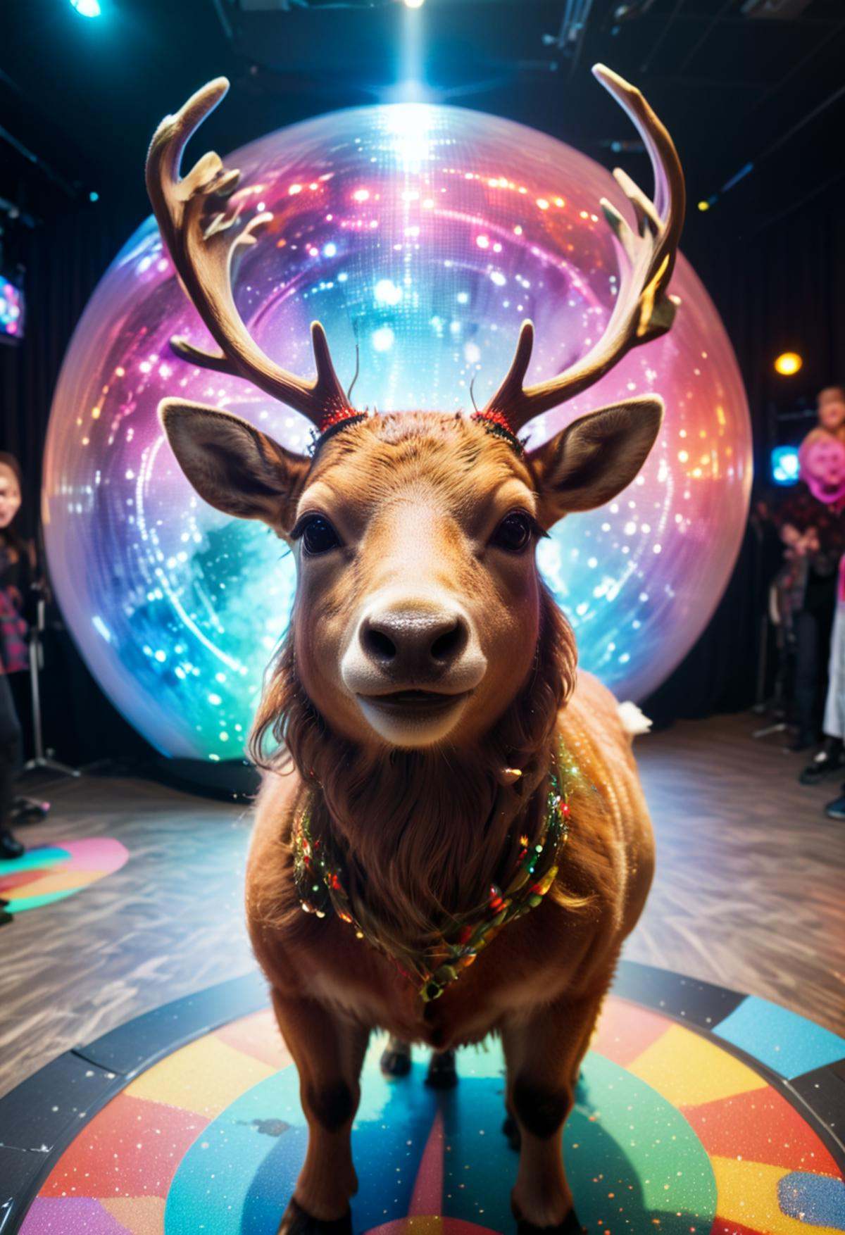 a reindeer takes a selfie in retro space disco with holographic dance floor,  in the style of fisheye effects,  funny mood...