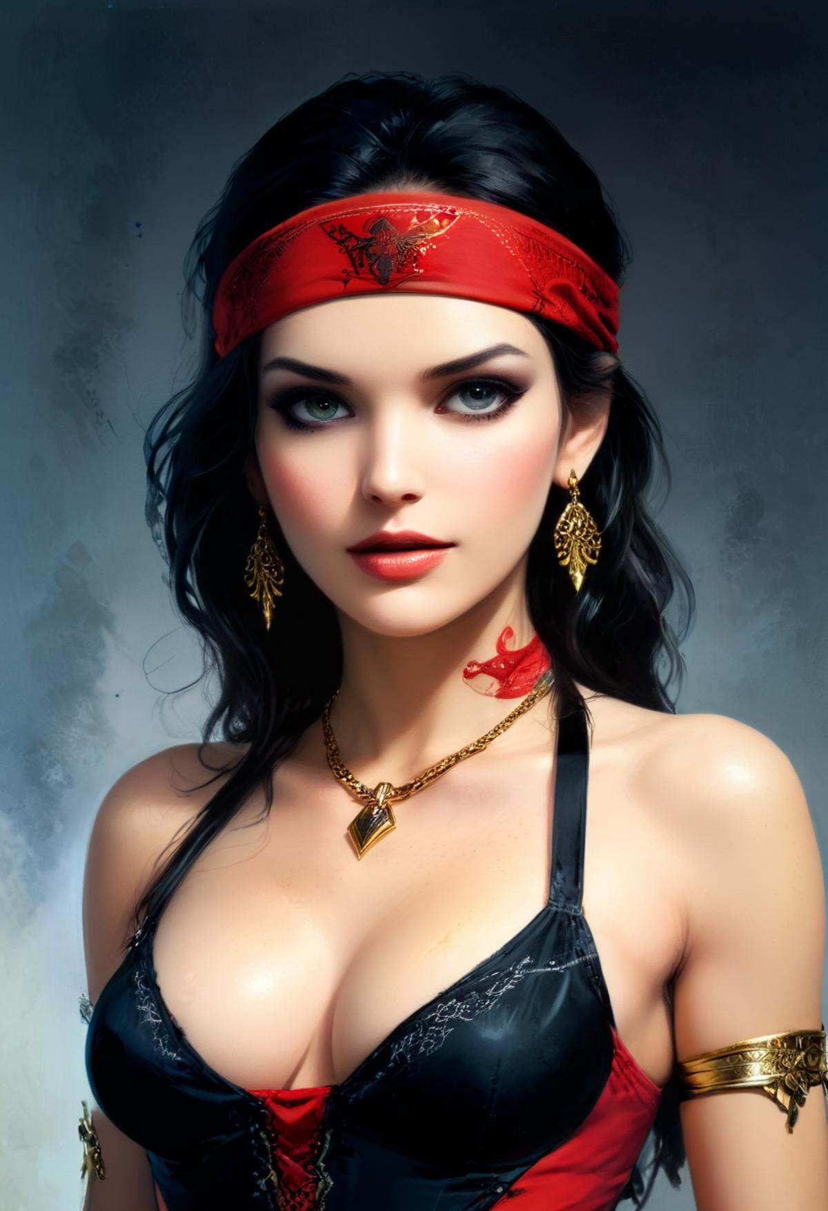 Illustration of 1girl,  (Elektra (Marvel Comics) black hair,  bandana on Tensor.Art