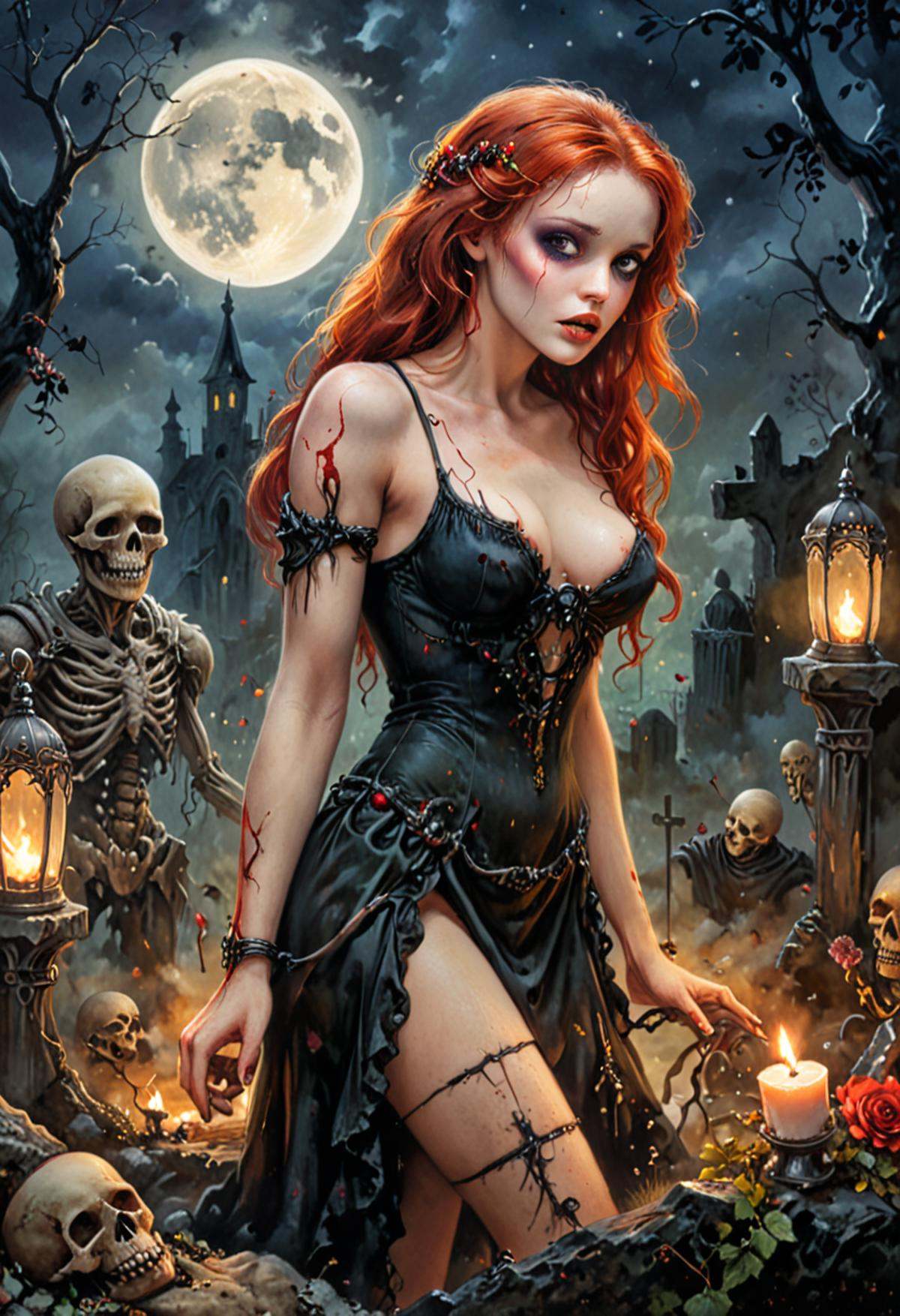 redheaded Corpse crawls out of the candlelit grave at midnight cemetery,  art by Boris Vallejo and Luis Royo,  a whimsical...
