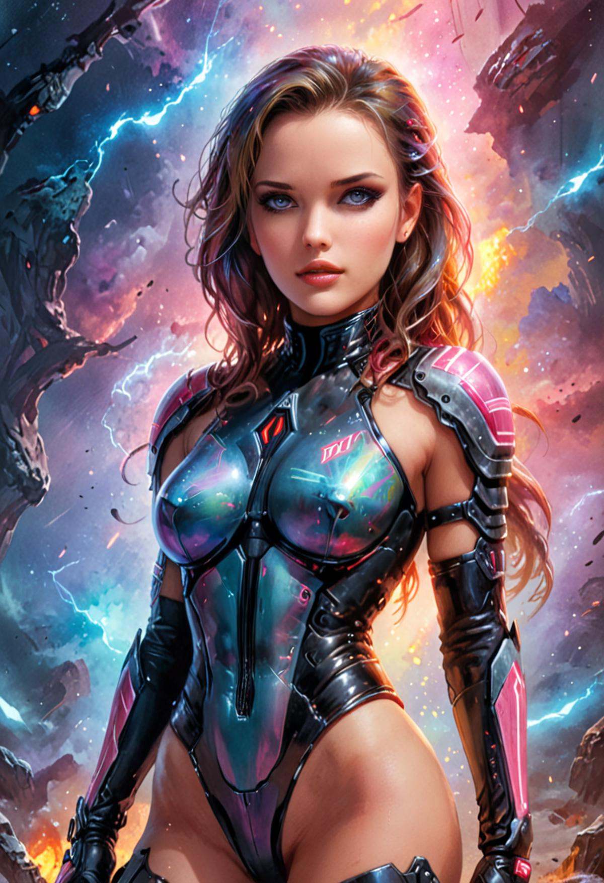 (Commander Shepard) gigantic in fantasy background,  Charm,  neon pastel on Tensor.Art