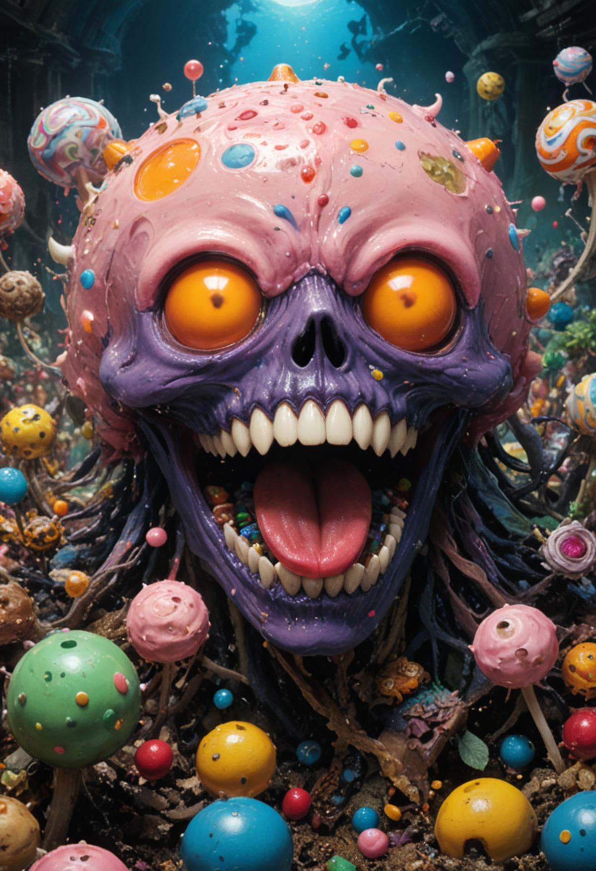 Terrifying eldritch candy-land dreamscape of sweet sugary nightmares and chocolatey horror,  vivid colors,  twisted trypop...