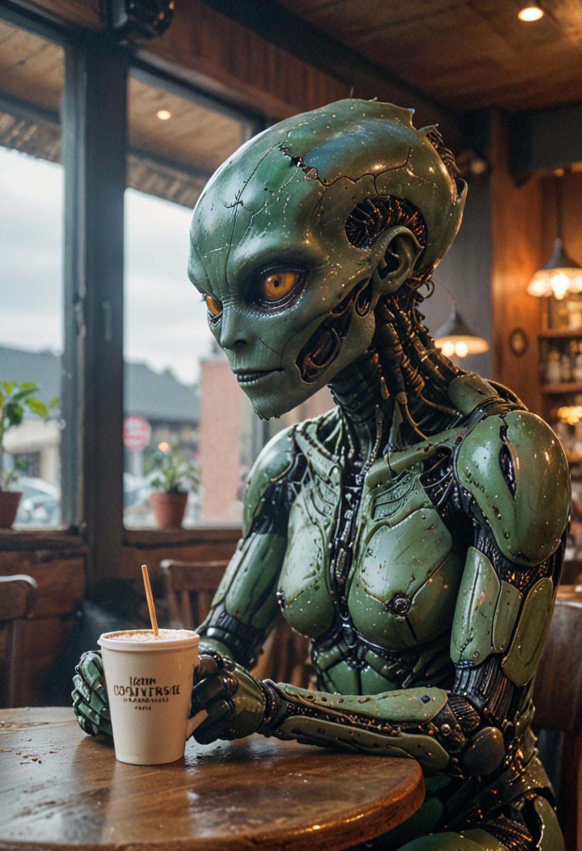 cinematic film still Alien sitting in the cafe thinking of life and drinking coffee,  RAW photo, on Tensor.Art