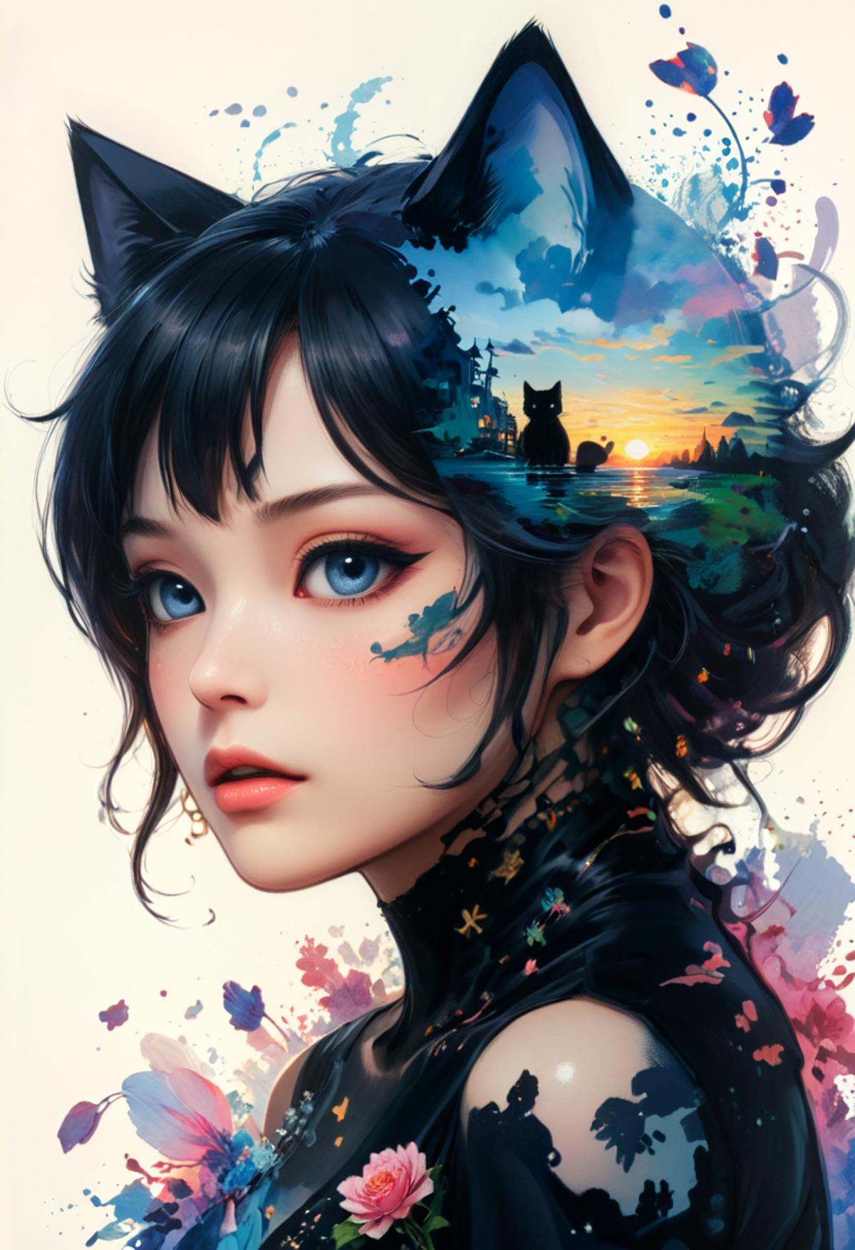 no scars to your beautiful kitten" double exposure collage art illustration,  silhouette art,  fantasy on Tensor.Art