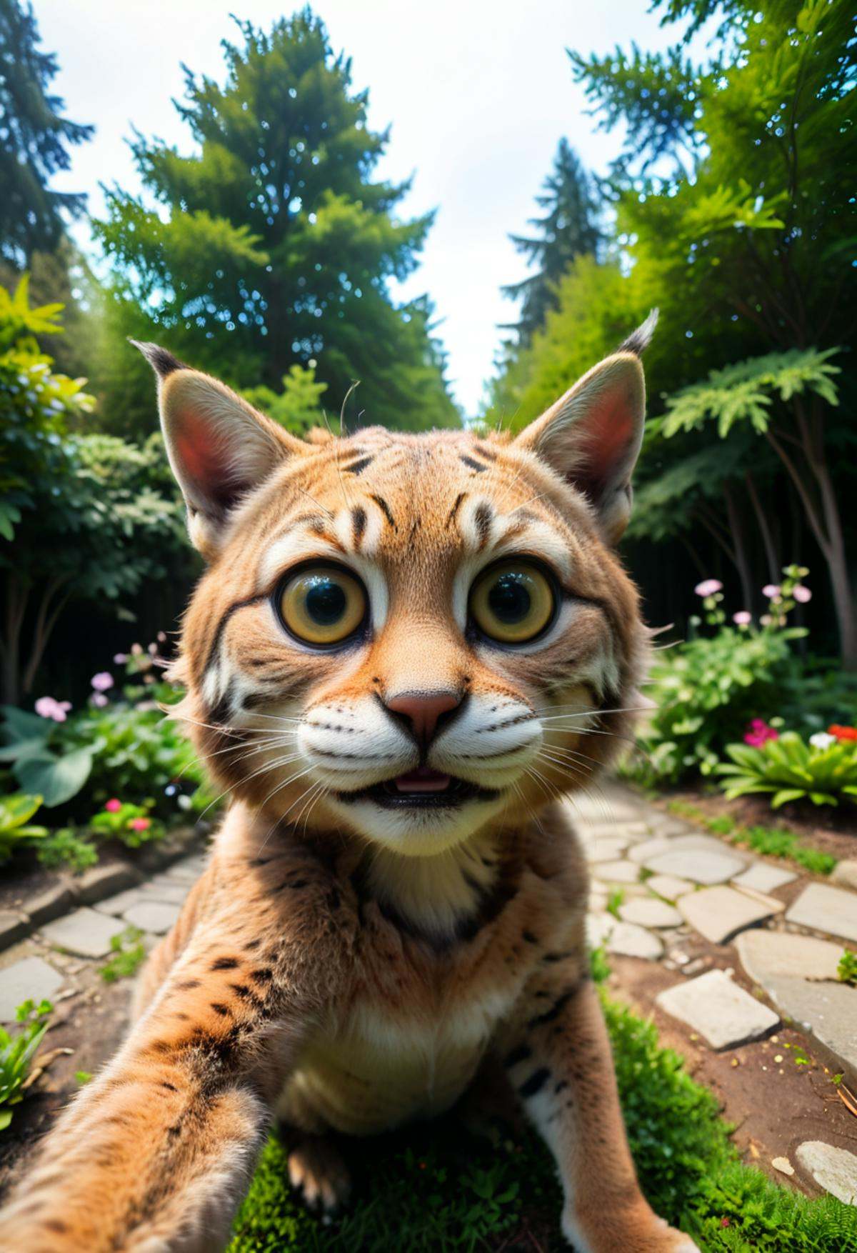 a bobcat takes a selfie in quantum garden with surreal and ever-changing landscapes,  in the style of fisheye effects,  fu...