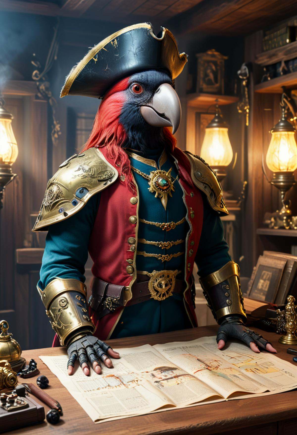 Craft an epic,  cinematic scene blending (Human | Parrot) characteristics into one magnificent hybrid Cyborg entity,  stan...