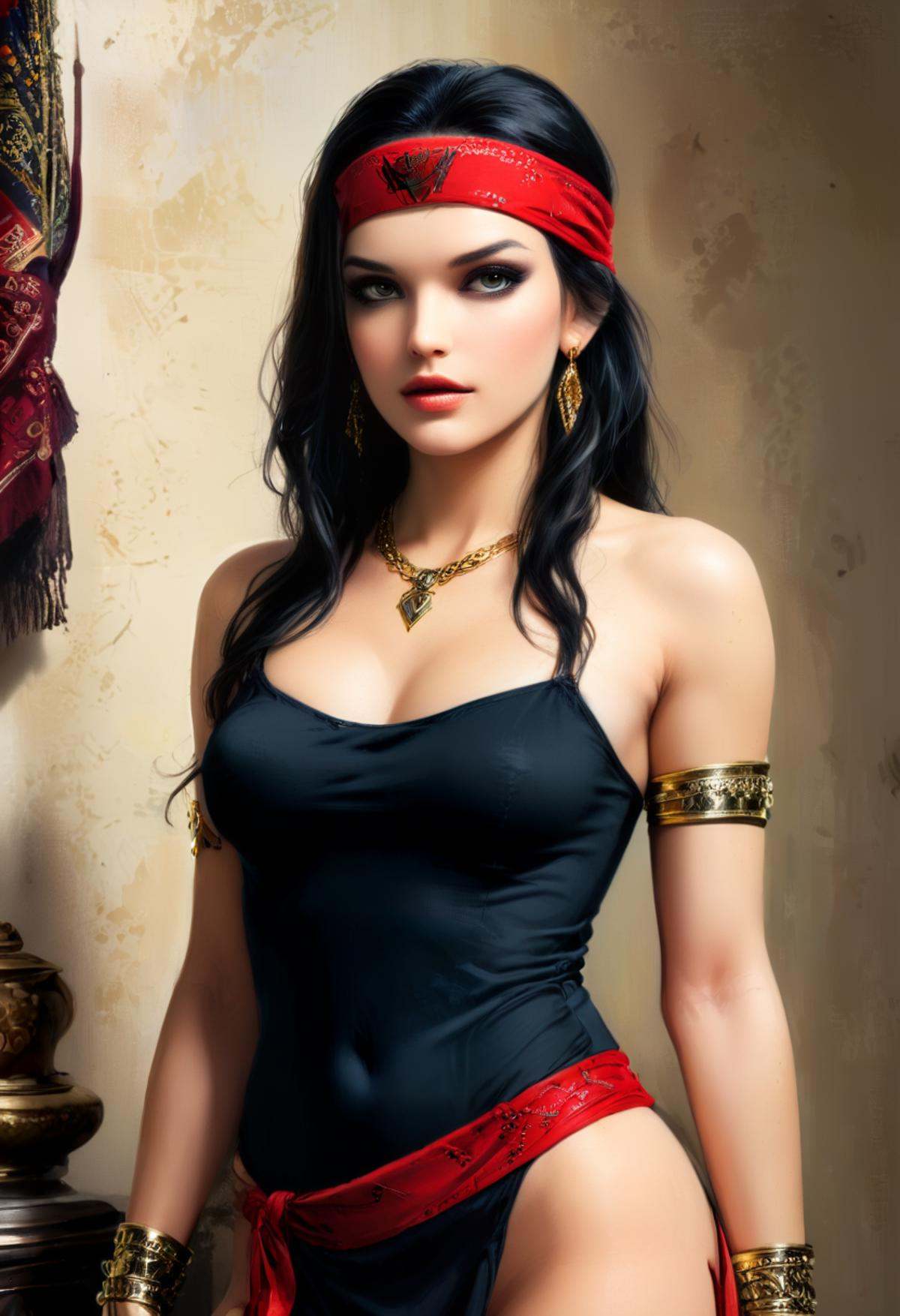 Photography of 1girl,  (Elektra (Marvel Comics) black hair,  bandana on Tensor.Art