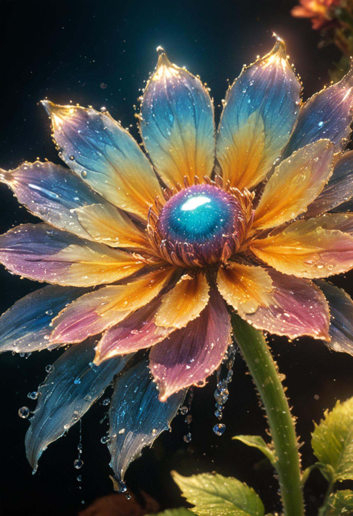 macro photo,  AWESOME sparkling magical fantasy cosmic glass flower,  dewdrop on Tensor.Art