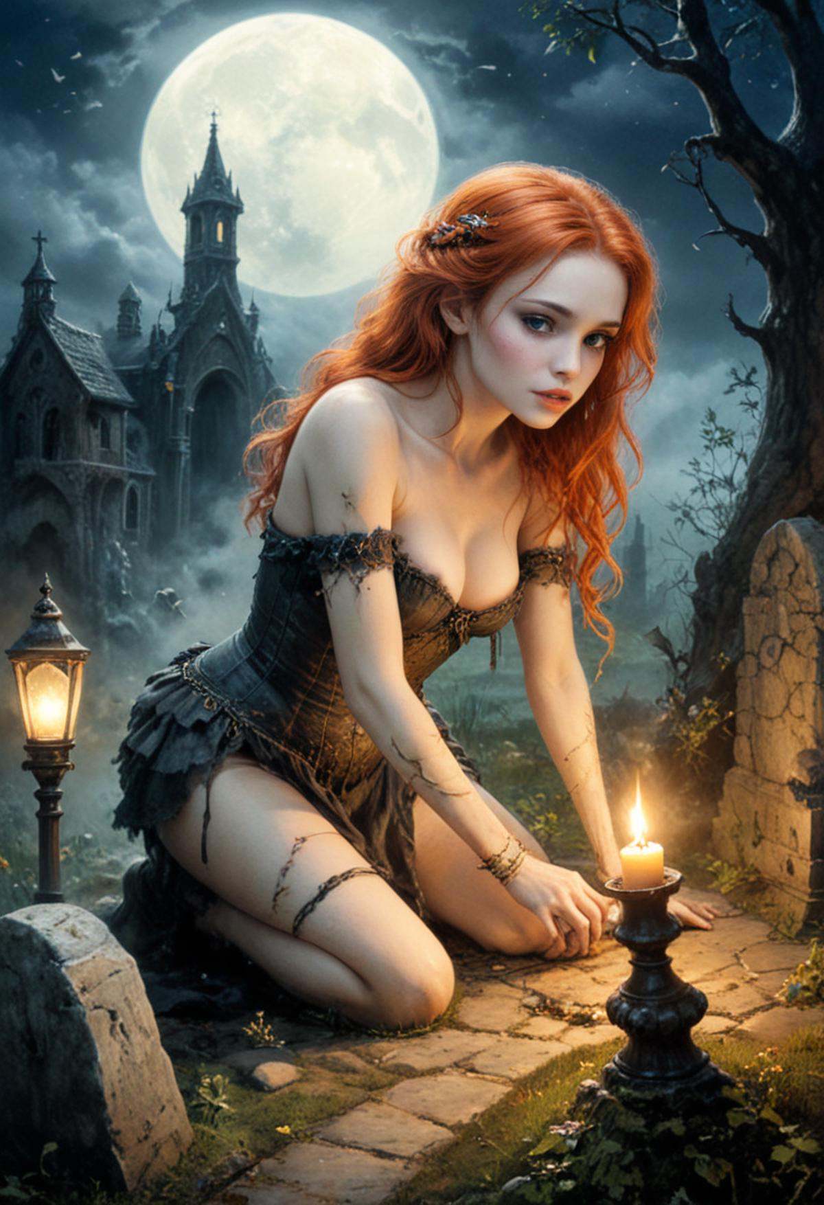 redheaded Corpse crawls out of the candlelit grave at midnight cemetery,  art by Boris Vallejo and Luis Royo,  a whimsical...