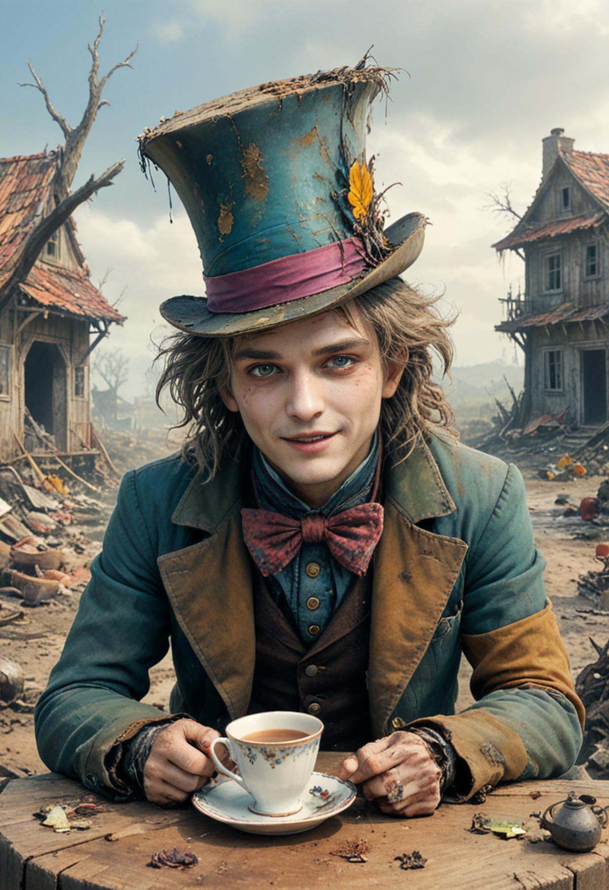 In this scene,  the Mad Hatter from "Alice in Wonderland" is depicted in a state of disarray. His colorful,  mismatched at...
