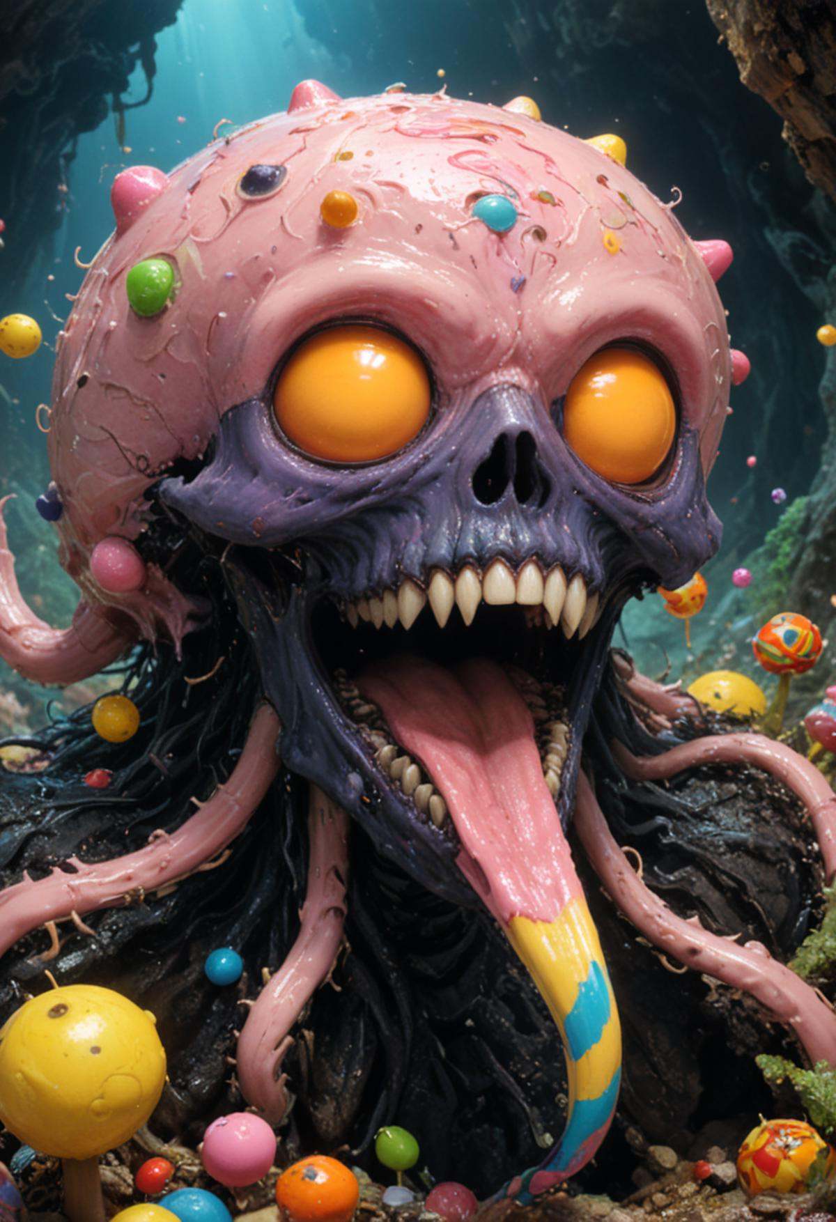 Terrifying eldritch candy-land dreamscape of sweet sugary nightmares and chocolatey horror,  vivid colors,  twisted trypop...