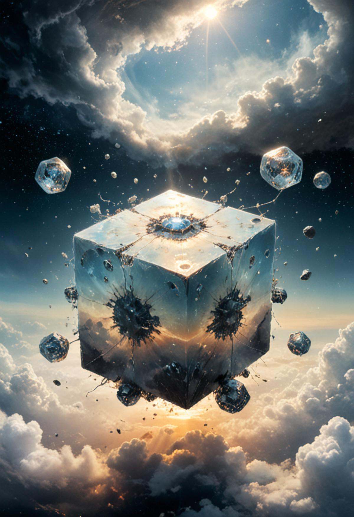 Bosch-style,  a translucent cube traps eerie clouds,  the starsscape warps on Tensor.Art