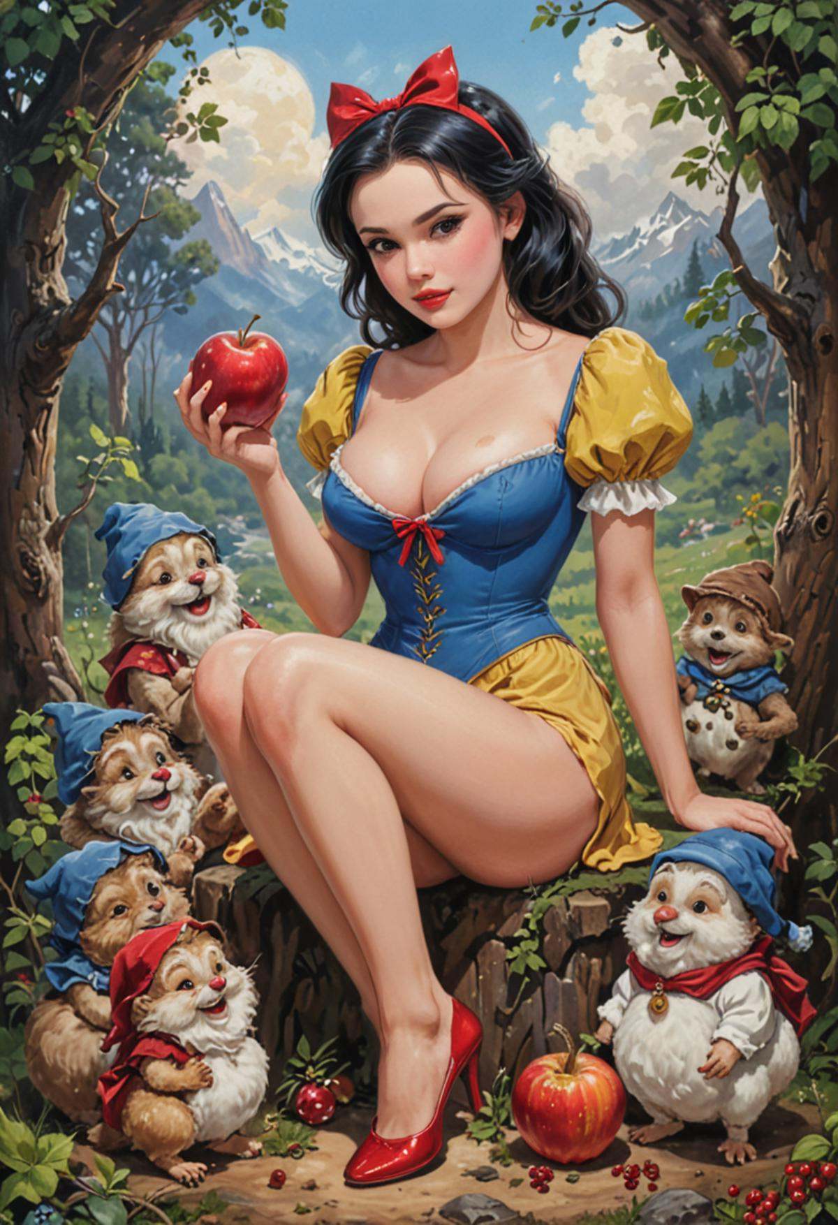 Pin up version of Snow White and the seven dwarfs painted in the style of Olivia De Berardinis on Tensor.Art