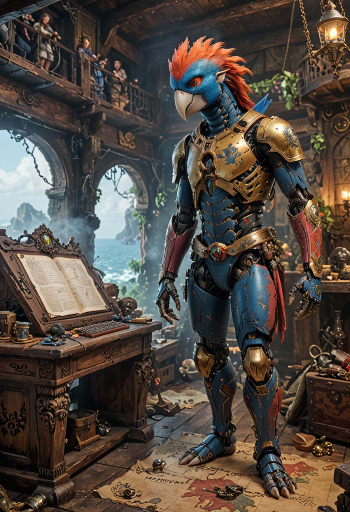 Craft an epic,  cinematic scene blending (Human | Parrot) characteristics into one magnificent hybrid Cyborg entity,  stan...