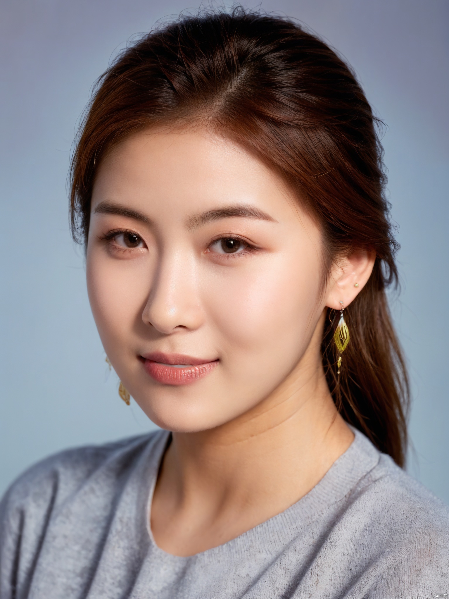 1girl, solo, looking at viewer, smile, brown hair, brown eyes, jewelry, closed mouth, upper body, earrings, lips, blue background, portrait, realistic, nose, jingjing
