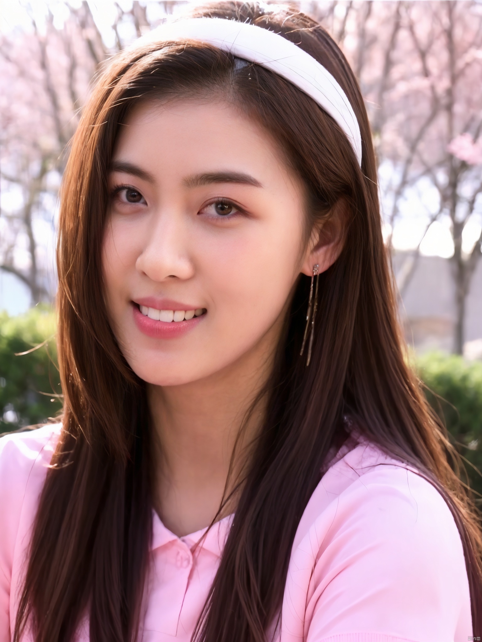 1girl, tree, realistic, solo, earrings, jewelry, bare_tree, hairband, blurry, cherry_blossoms, pink_shirt, long_hair, lips, branch, outdoors, teeth, nose, blurry_background, depth_of_field