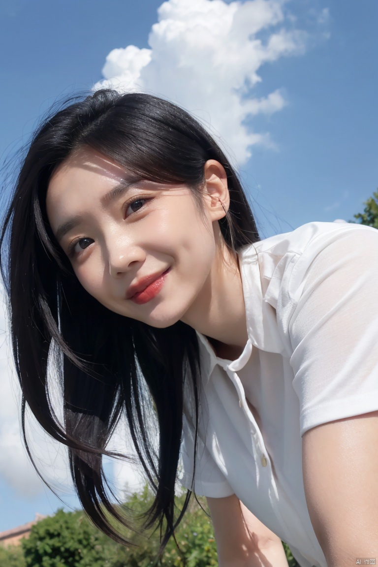 1girl, solo, long hair, looking at viewer, smile, shirt, black hair, white shirt, upper body, short sleeves, outdoors, sky, day, cloud, black eyes, blue sky, lips