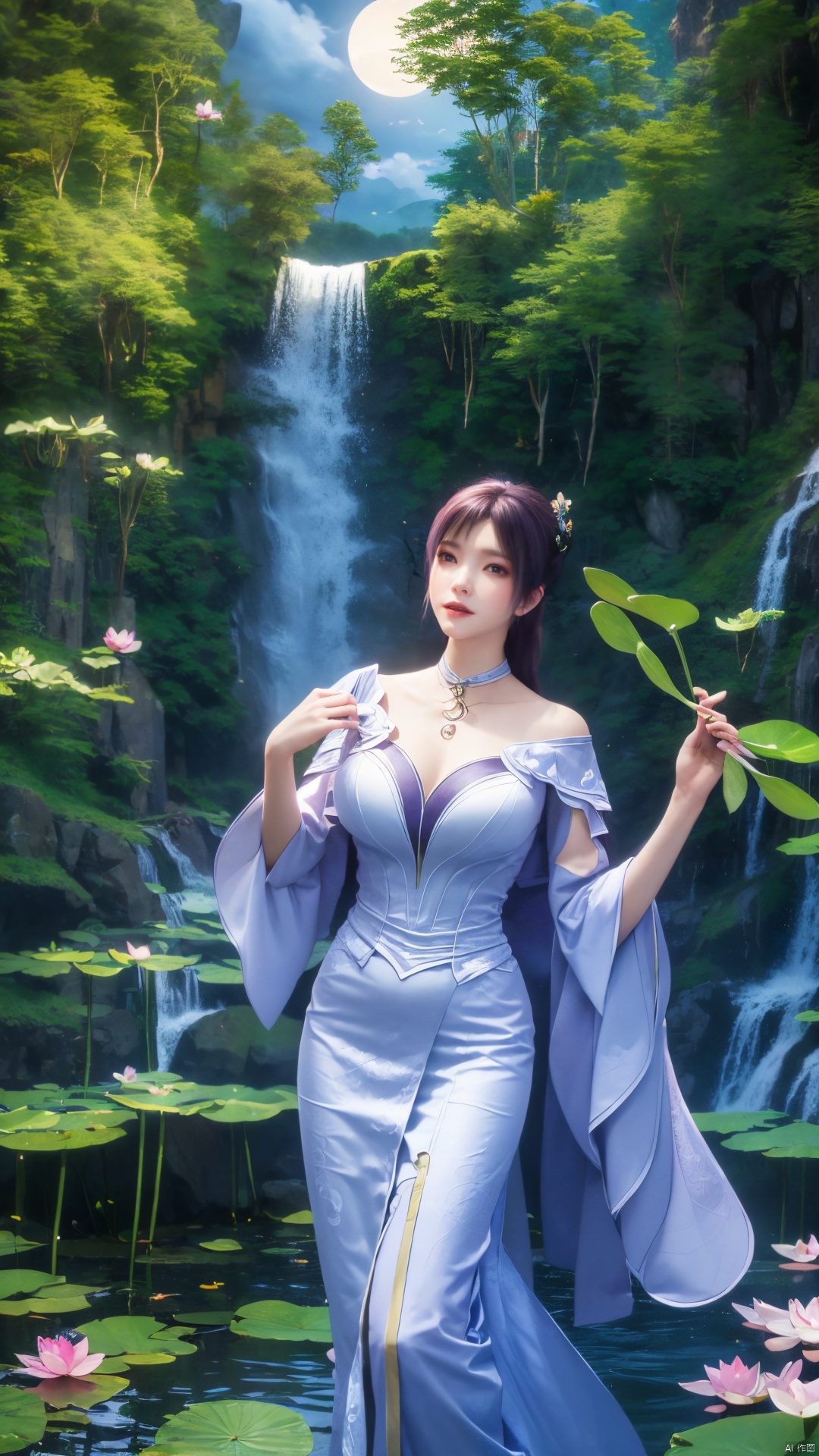  masterpiece,(best quality),official art,(extremely delicate and beautiful),solo,full_body,wonderland,scarlet_moon,moonlight, 1girl,Xjiziyue,,(big breasts:1.59),X-Hydrangea,(flowers,Waterfall, lotus, willow, butterfly:1.23),