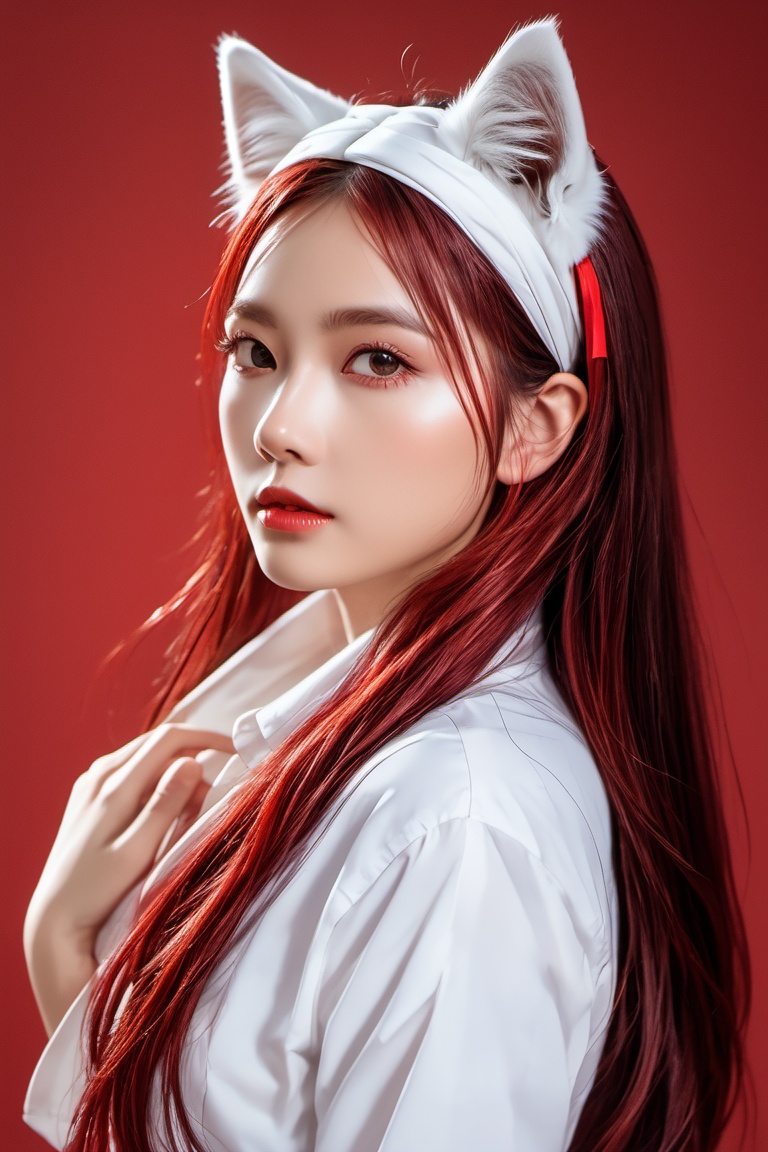 A masterpiece of fantasy and seduction: a girl with striking red and white hair (1.6 meters long) cascading down her back...