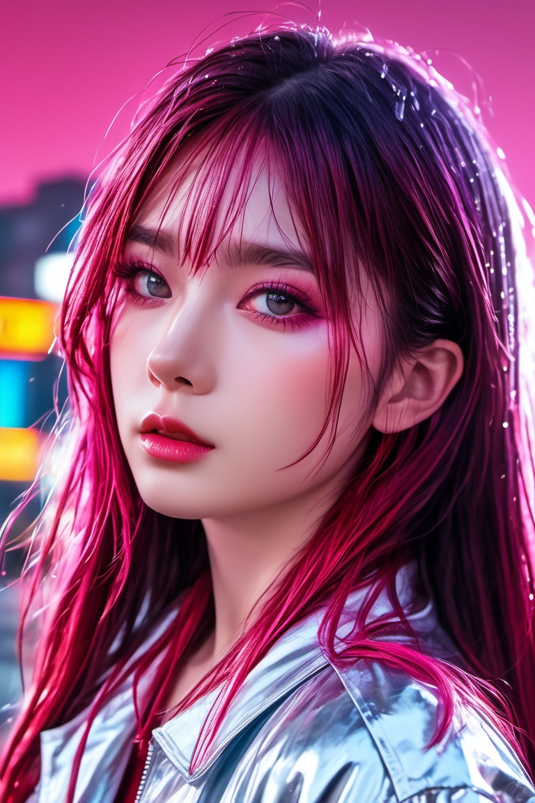 A lone figure stands amidst the rain-soaked streets of a cyberpunk metropolis,  bathed in the vibrant glow of neon lights....