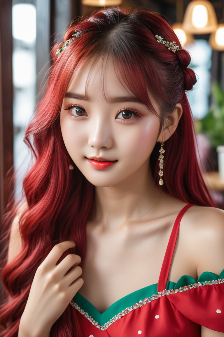 A majestic 20-year-old beauty sits in a charming Korea-inspired café,  her stunning multicolored locks styled in a high-en...