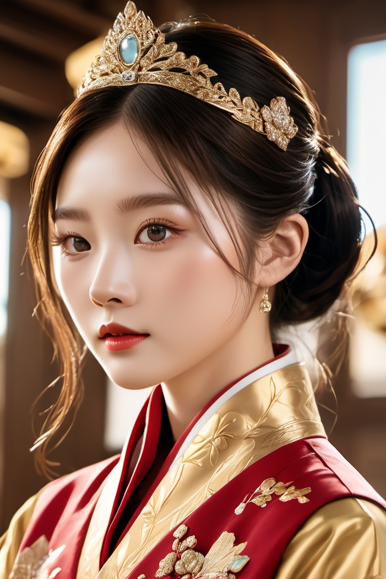 Regal Korean Princess sits majestically on the throne,  surrounded by the grandeur of the palace's backdrop. Her long,  wa...