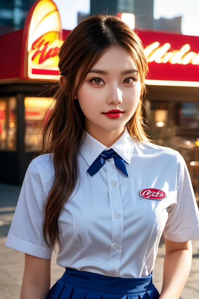 A stunning beauty donning a waitress uniform,  complete with a short skirt that accentuates her medium-sized breasts,  pos...