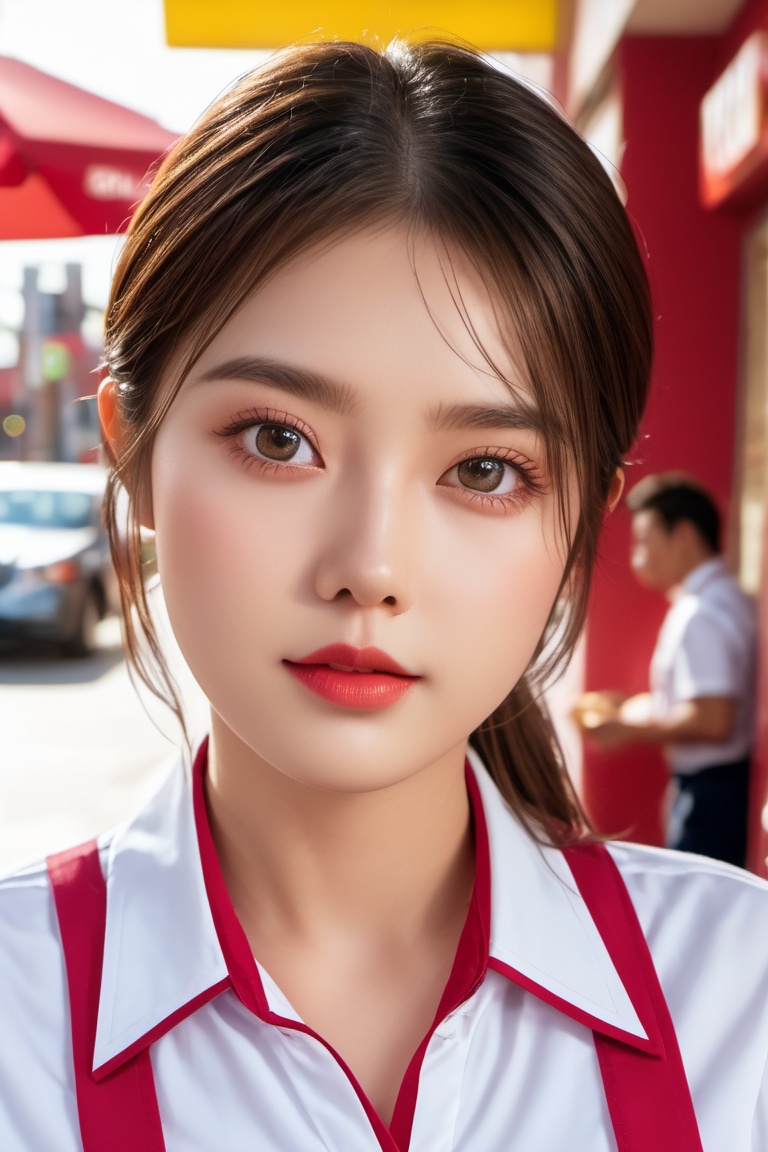 A stunning beauty donning a waitress uniform,  complete with a short skirt that accentuates her medium-sized breasts,  pos...